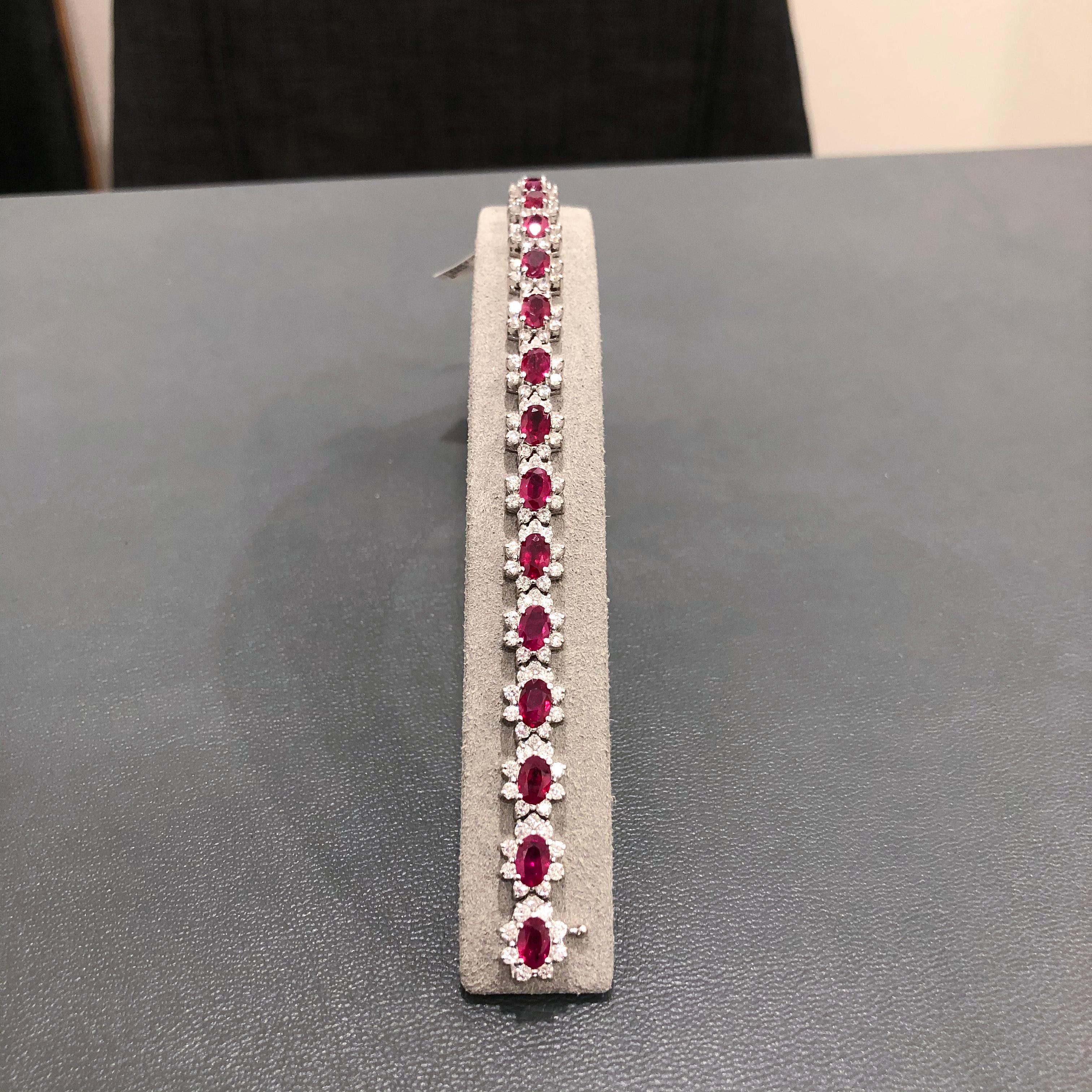Roman Malakov 10.15 Carat Total Oval Cut Ruby and Diamond Flower Tennis Bracelet In New Condition For Sale In New York, NY