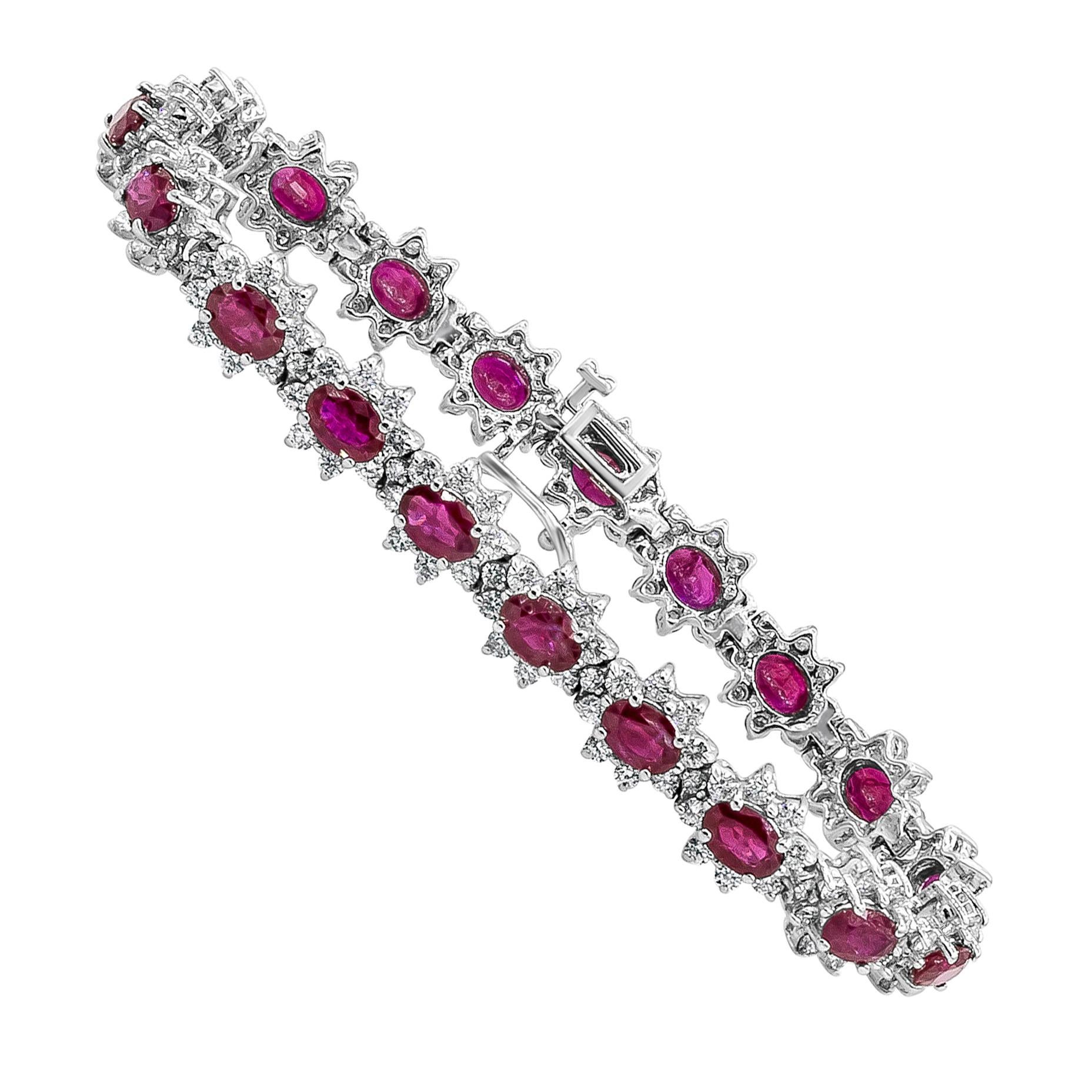 Roman Malakov 10.15 Carat Total Oval Cut Ruby & Diamond Floral Fashion Bracelet For Sale