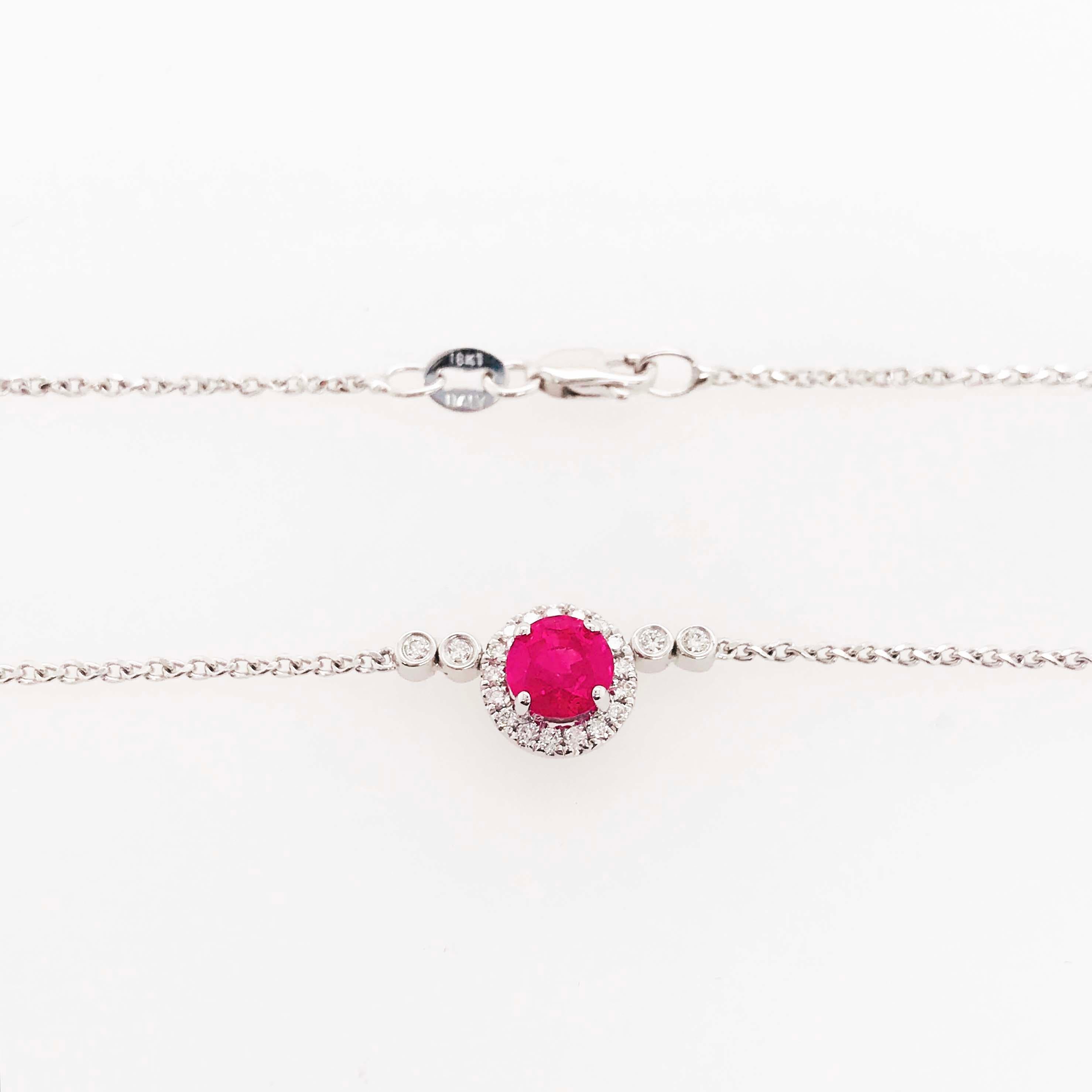 Modern Ruby and Diamond Halo Necklace 18K White Gold 0.76 ct Ruby 0.14 carats Diamonds For Sale