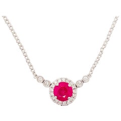 Ruby and Diamond Halo Necklace in 18 Karat White Gold, July Birthstone Necklace