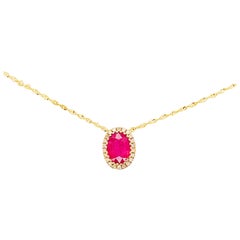 Ruby and Diamond Halo Pendant and Chain in 14 Karat Gold, Ruby July Necklace