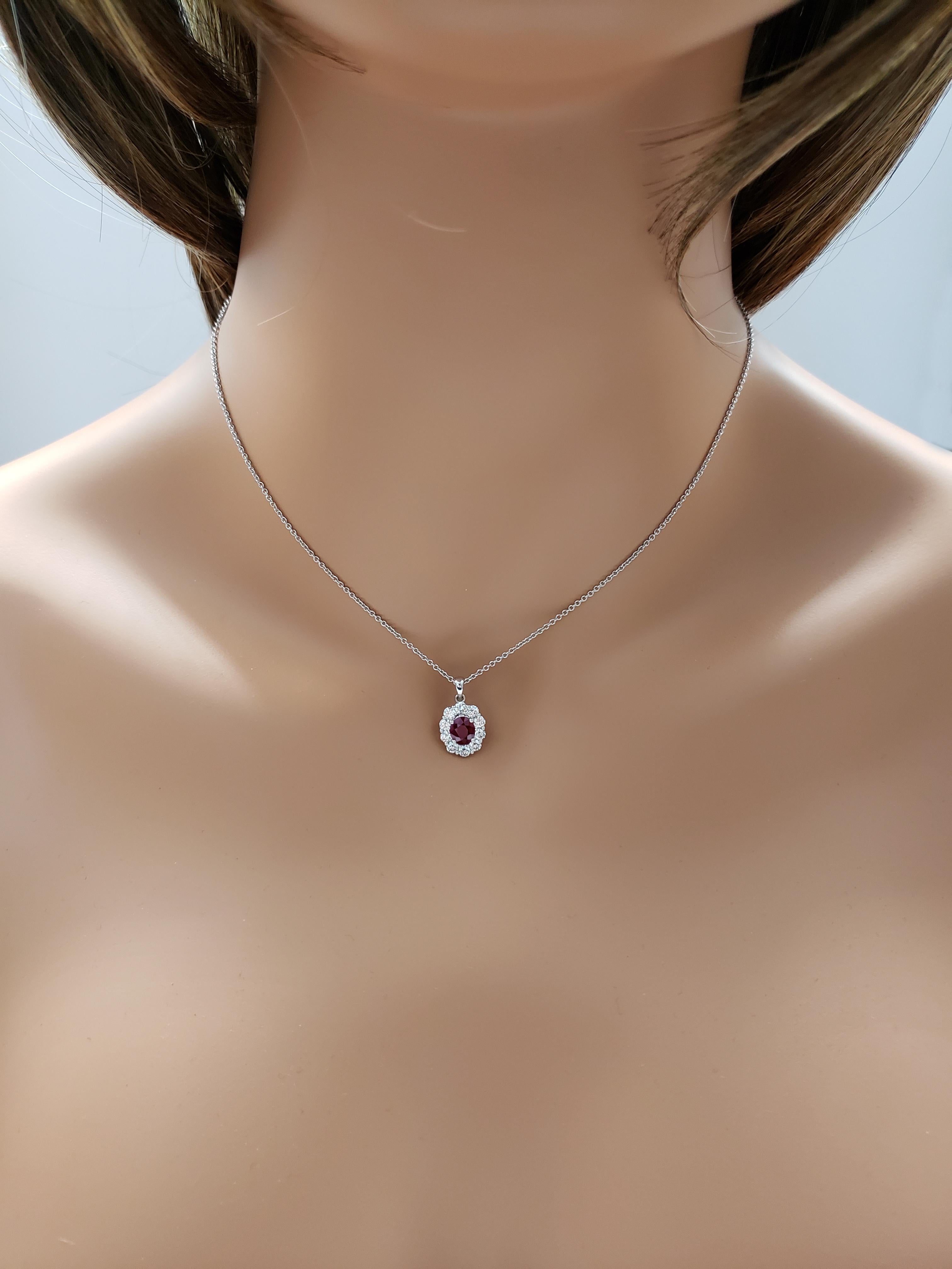Oval Cut Roman Malakov, Ruby and Diamond Halo Pendant Necklace