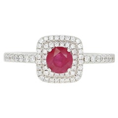 Ruby and Diamond Halo Ring, 14 Karat White Gold Round Cut .80 Carat