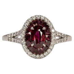 Ruby and Diamond Halo Split Shank Cocktail Ring in 18k White Gold