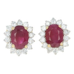 Ruby and Diamond Halo Stud Earrings, 18k Yellow Gold Pierced Oval 4.08 Carat Ruby and Diamond Halo Stud Earrings, 18k Yellow Gold Pierced Oval 4.08 Carat