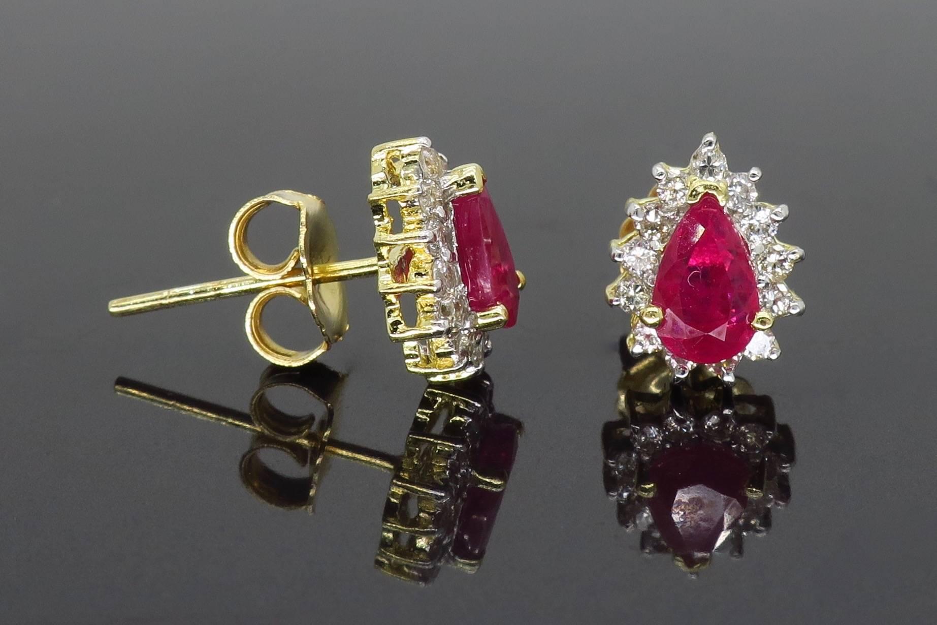 Pear Cut Ruby and Diamond Halo Stud Earrings