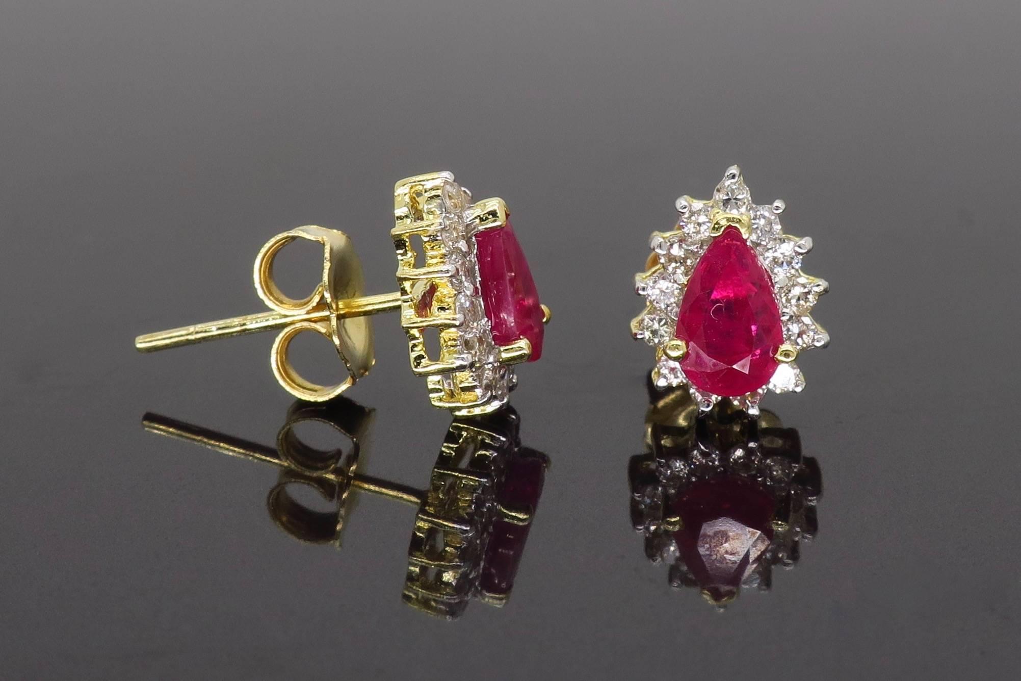 Ruby and Diamond Halo Stud Earrings In New Condition In Webster, NY