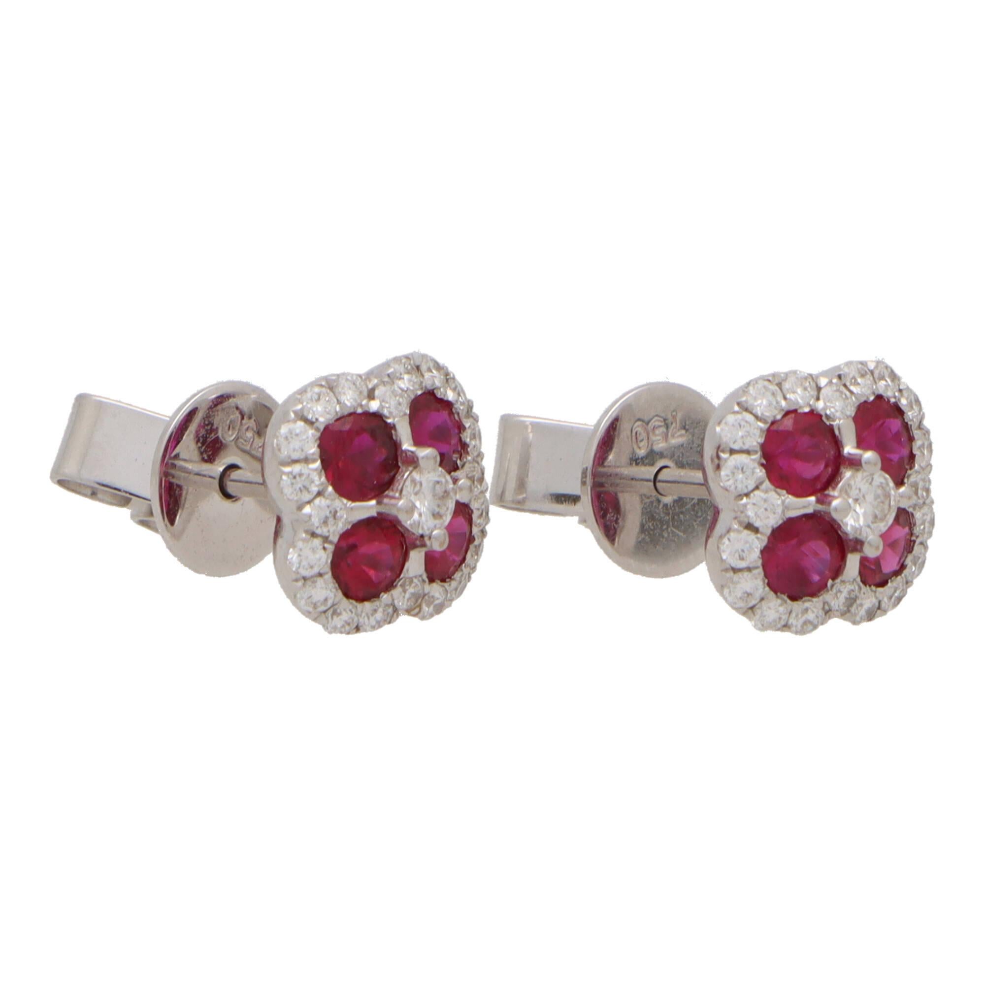 Ruby and Diamond Haloed Floral Cluster Earrings Set in 18k White Gold In Excellent Condition For Sale In London, GB