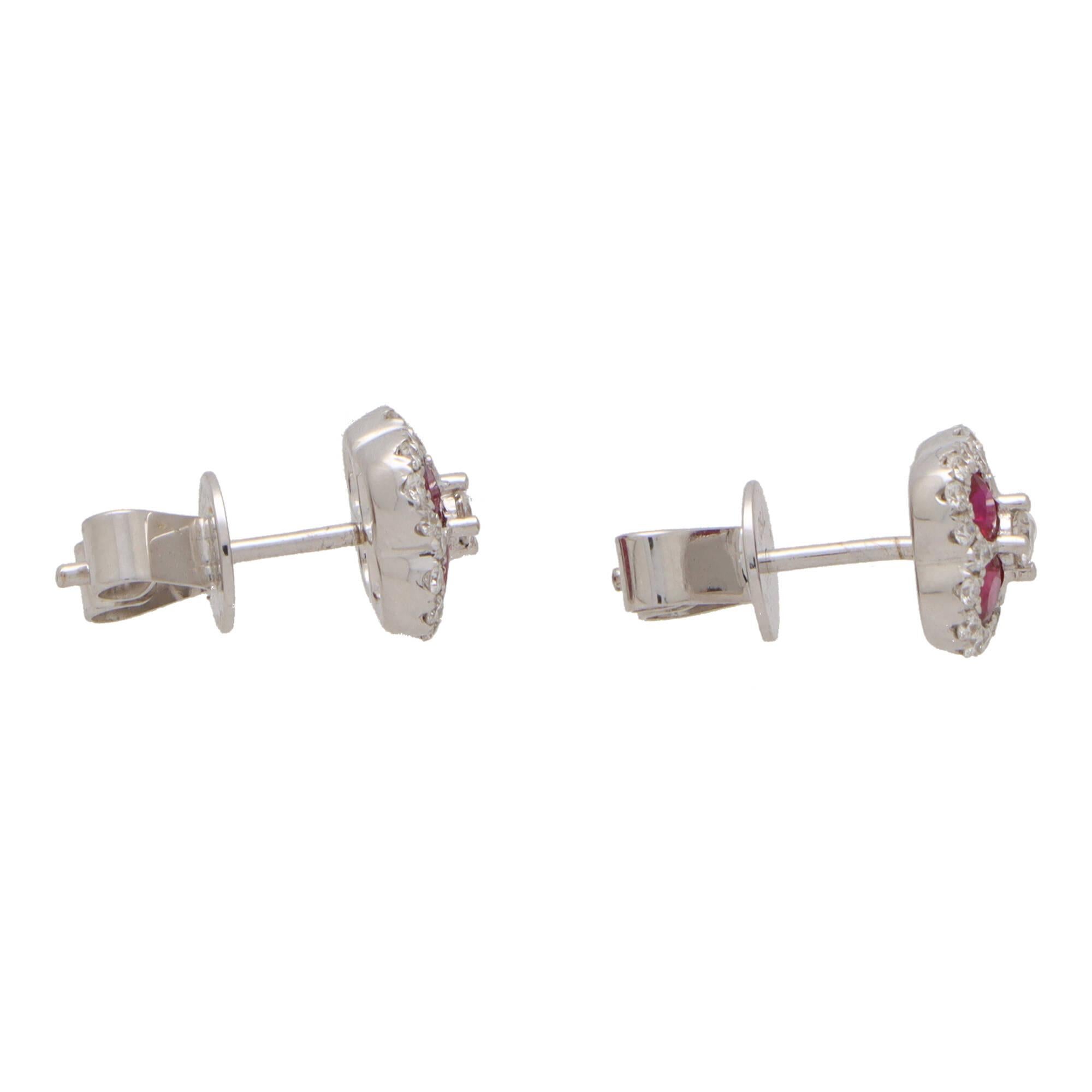 Women's or Men's Ruby and Diamond Haloed Floral Cluster Earrings Set in 18k White Gold For Sale