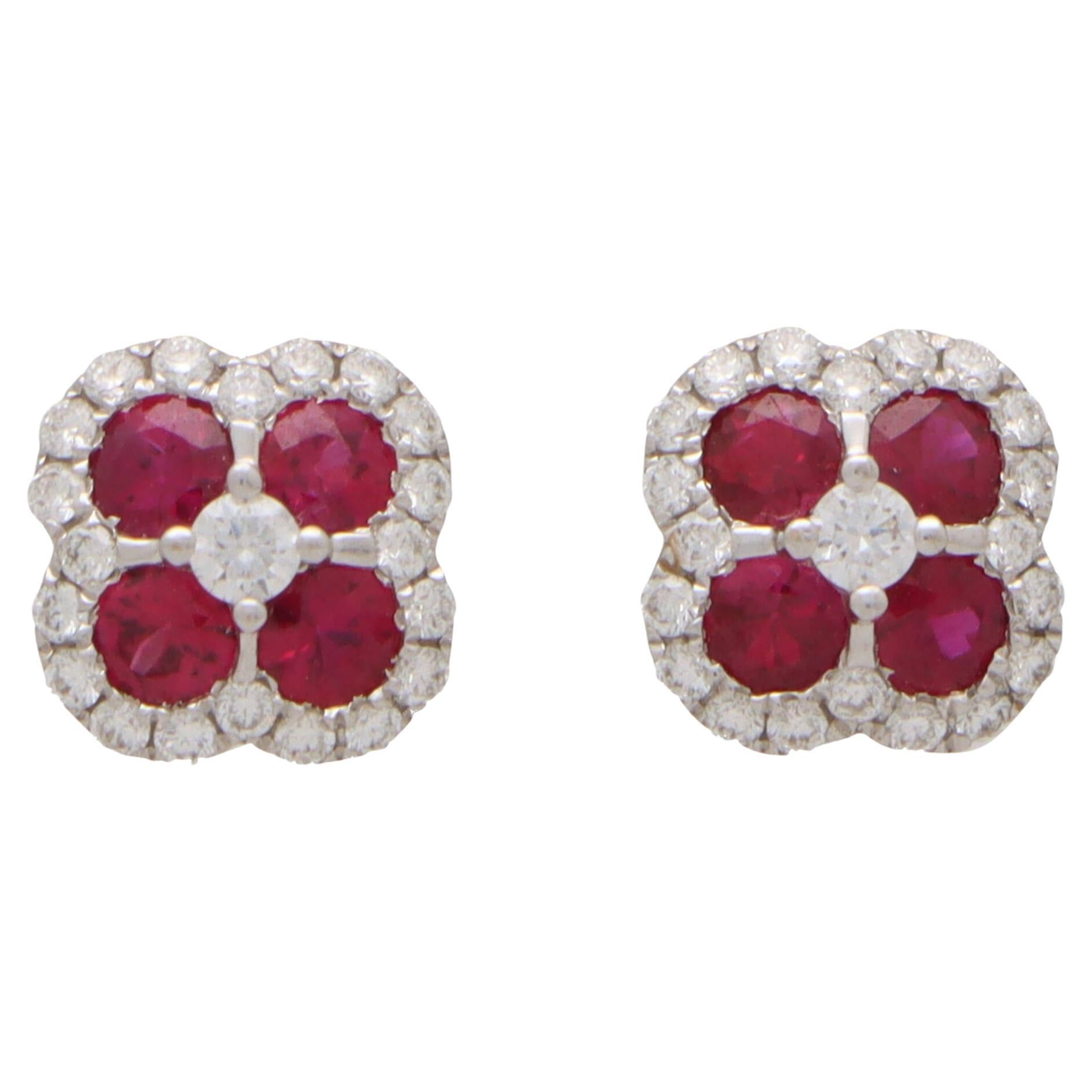 Ruby and Diamond Haloed Floral Cluster Earrings Set in 18k White Gold For Sale