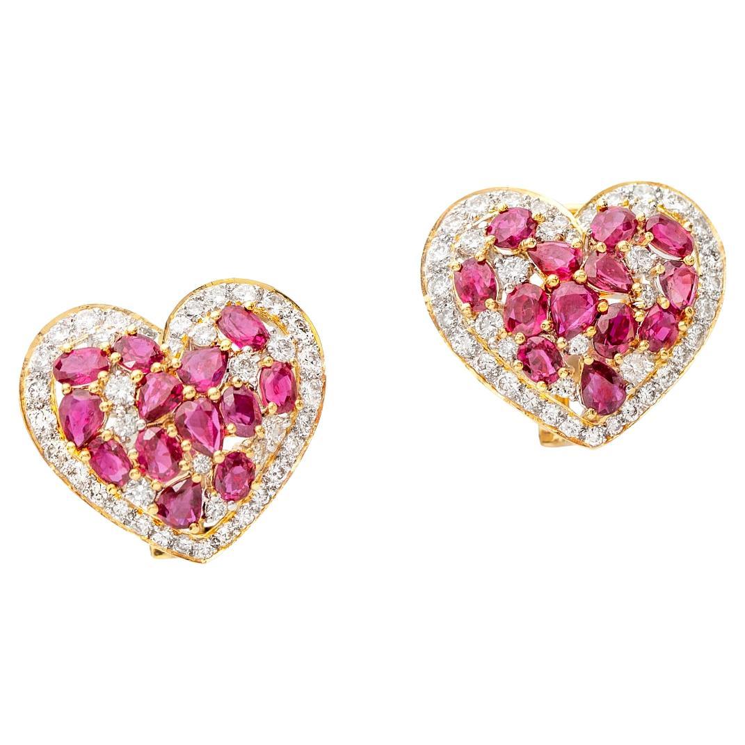 Ruby and Diamond Heart Earrings For Sale