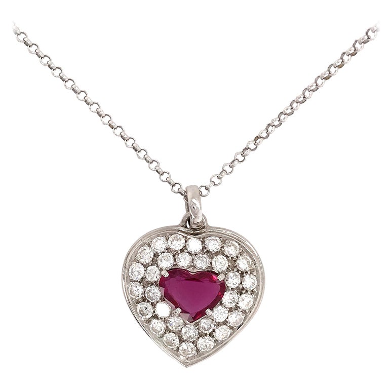 Ruby and Diamond Heart Pendant Necklace 18 Karat White Gold For Sale at ...