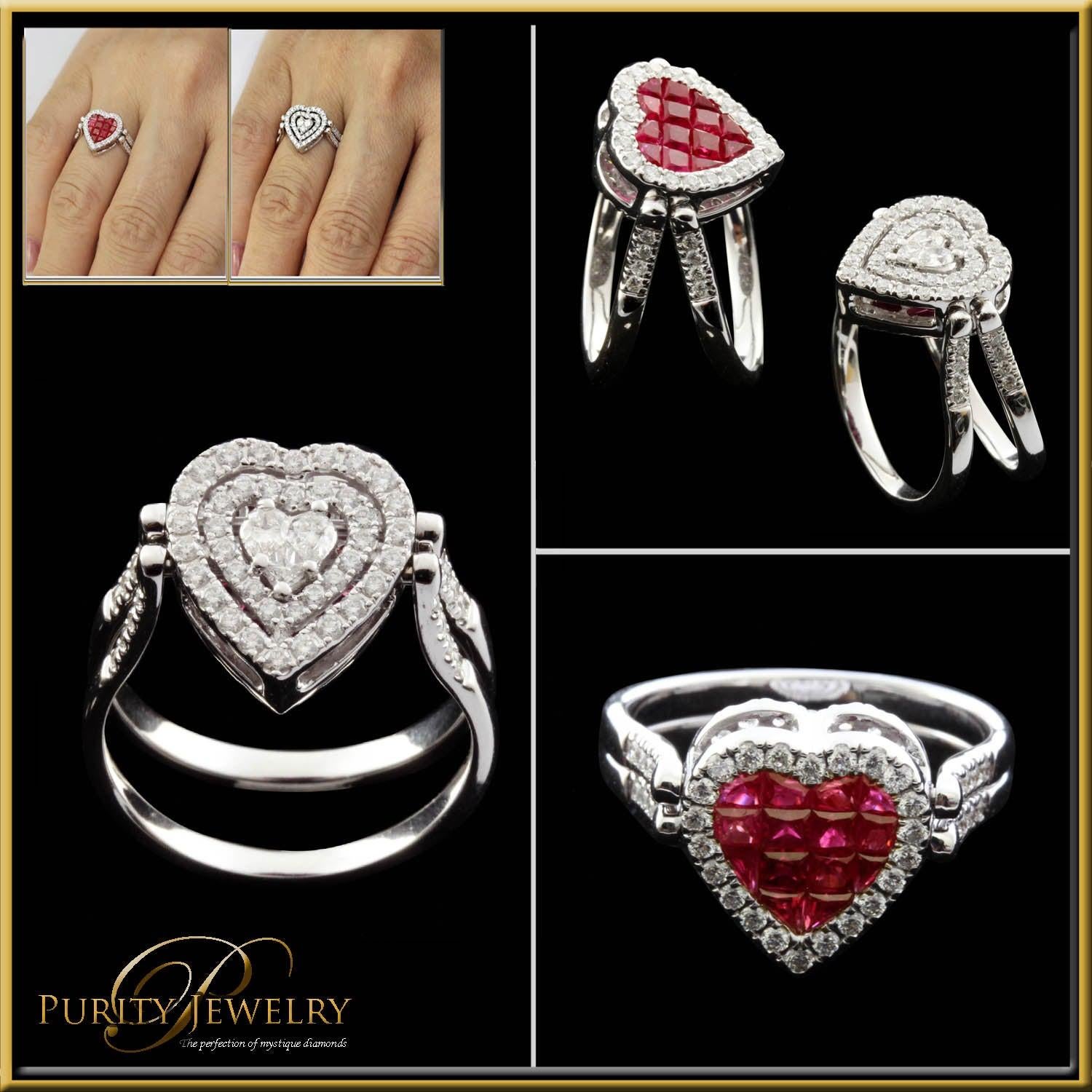 For Sale:  Ruby and Diamond Heart Shape Flip Ring in 18 Karat Gold 3