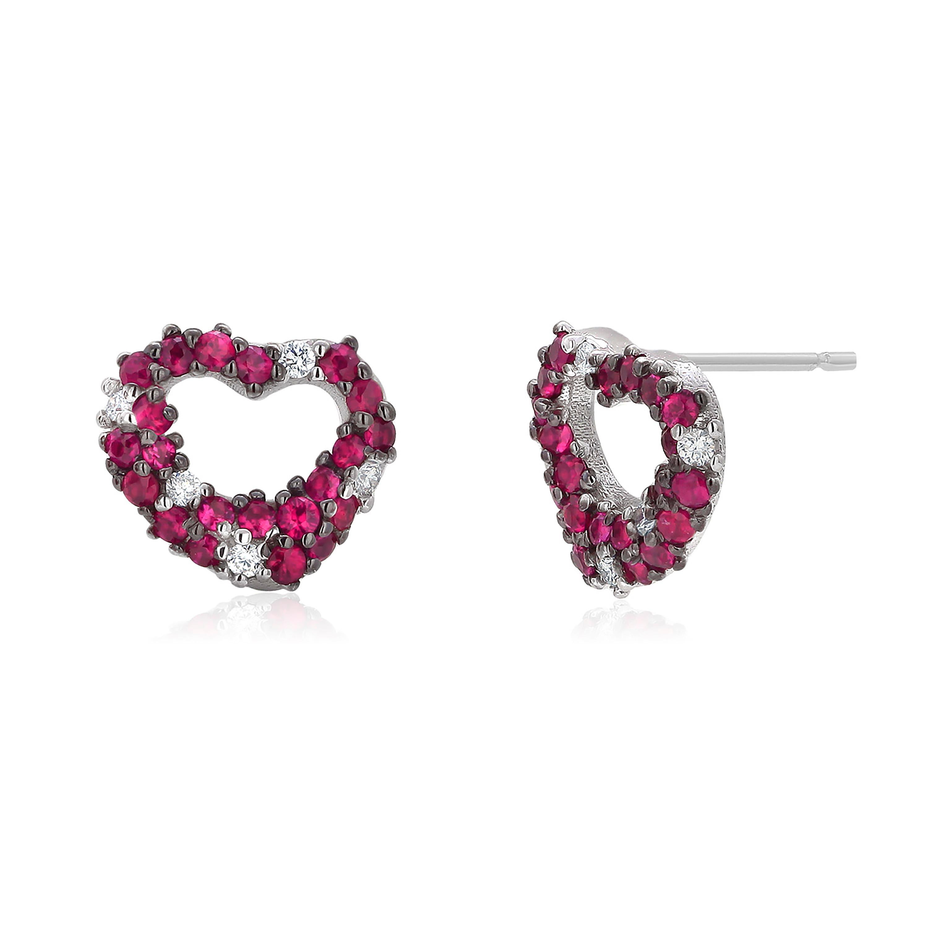 9ct White Gold Ruby Heart Stud Earrings 9ct White Gold Ruby Heart Stud Earrings