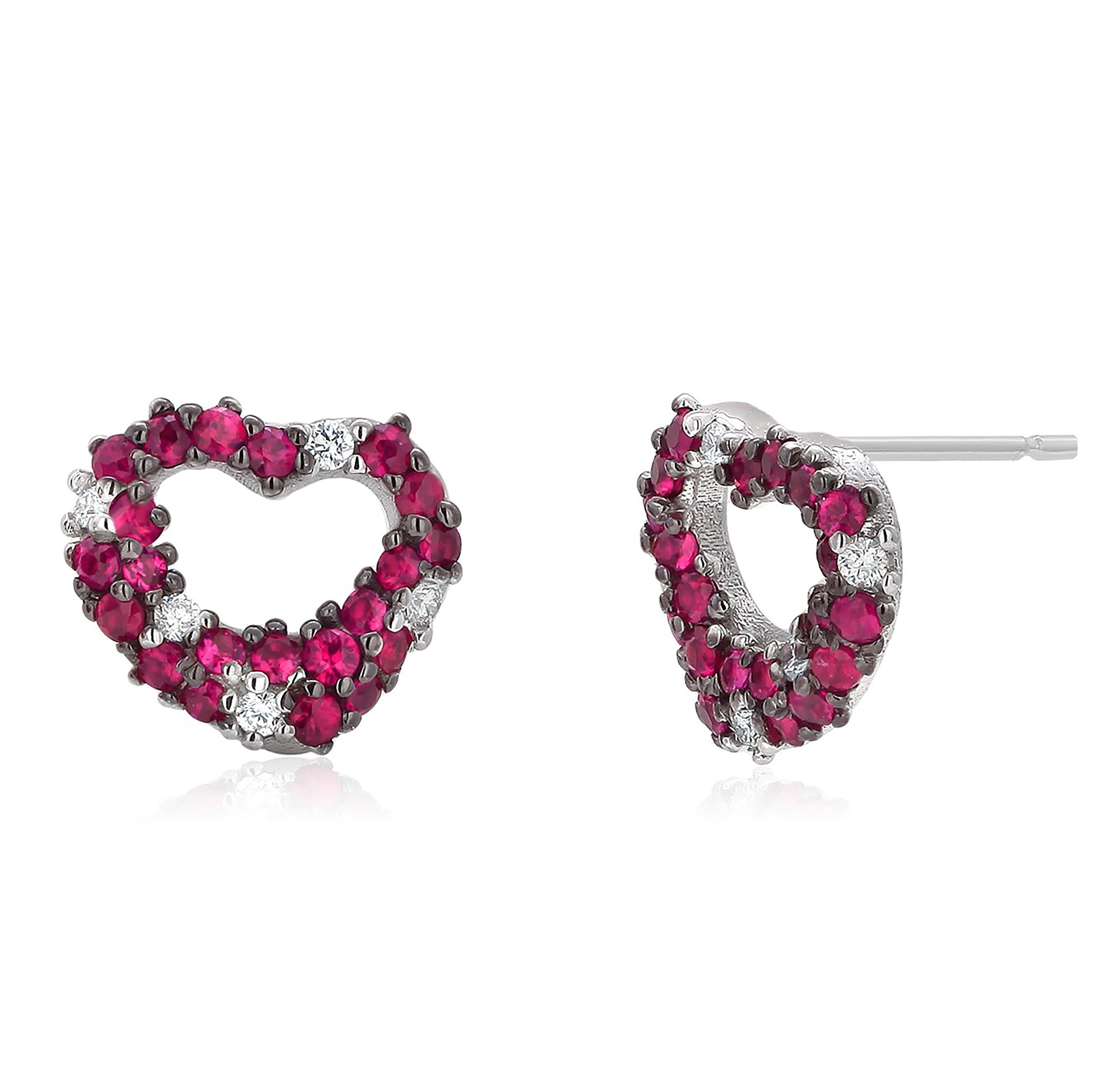Contemporary Ruby and Diamond Heart Shape White Gold Stud Earrings