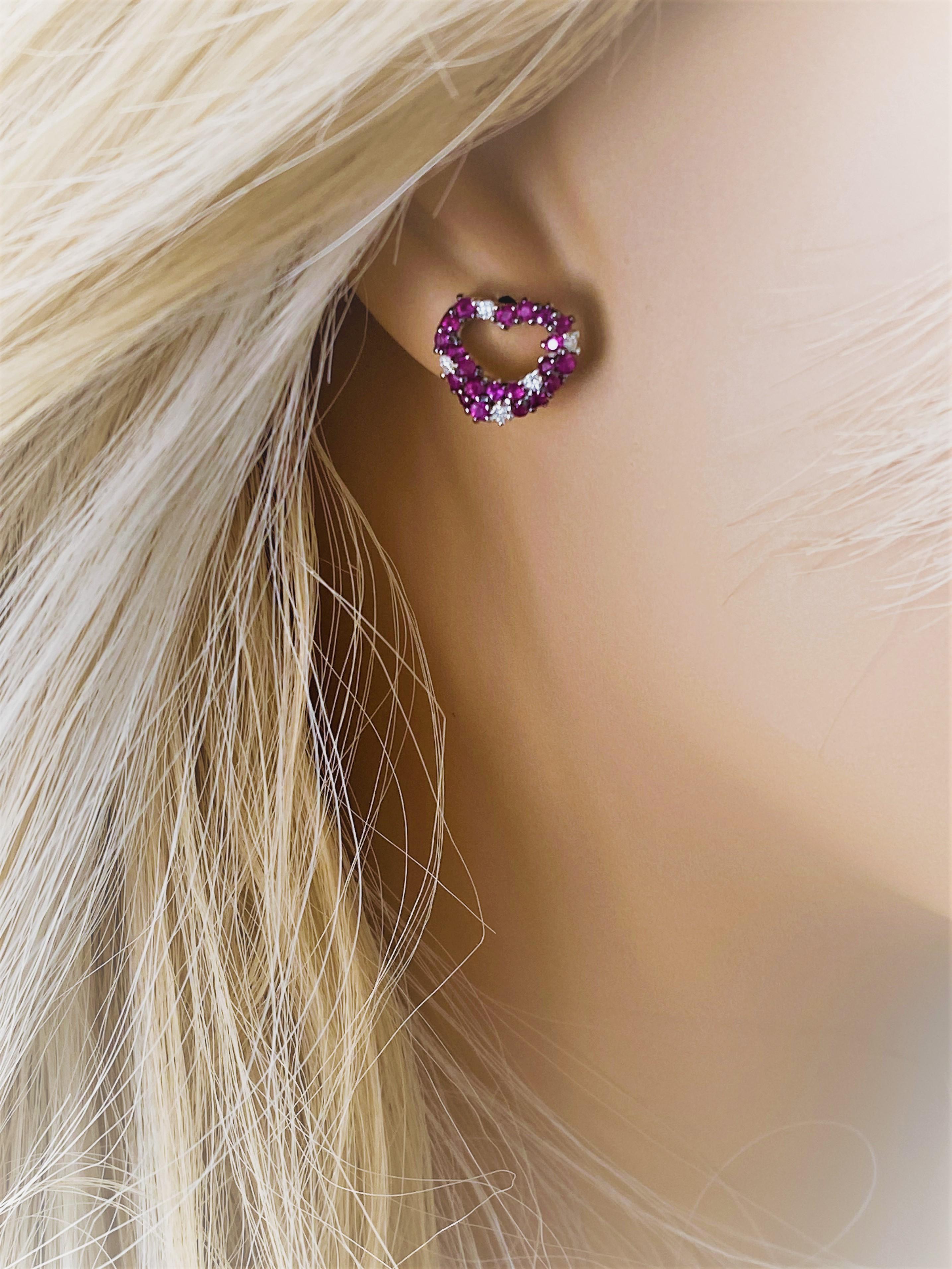 Round Cut Ruby and Diamond Heart Shape White Gold Stud Earrings
