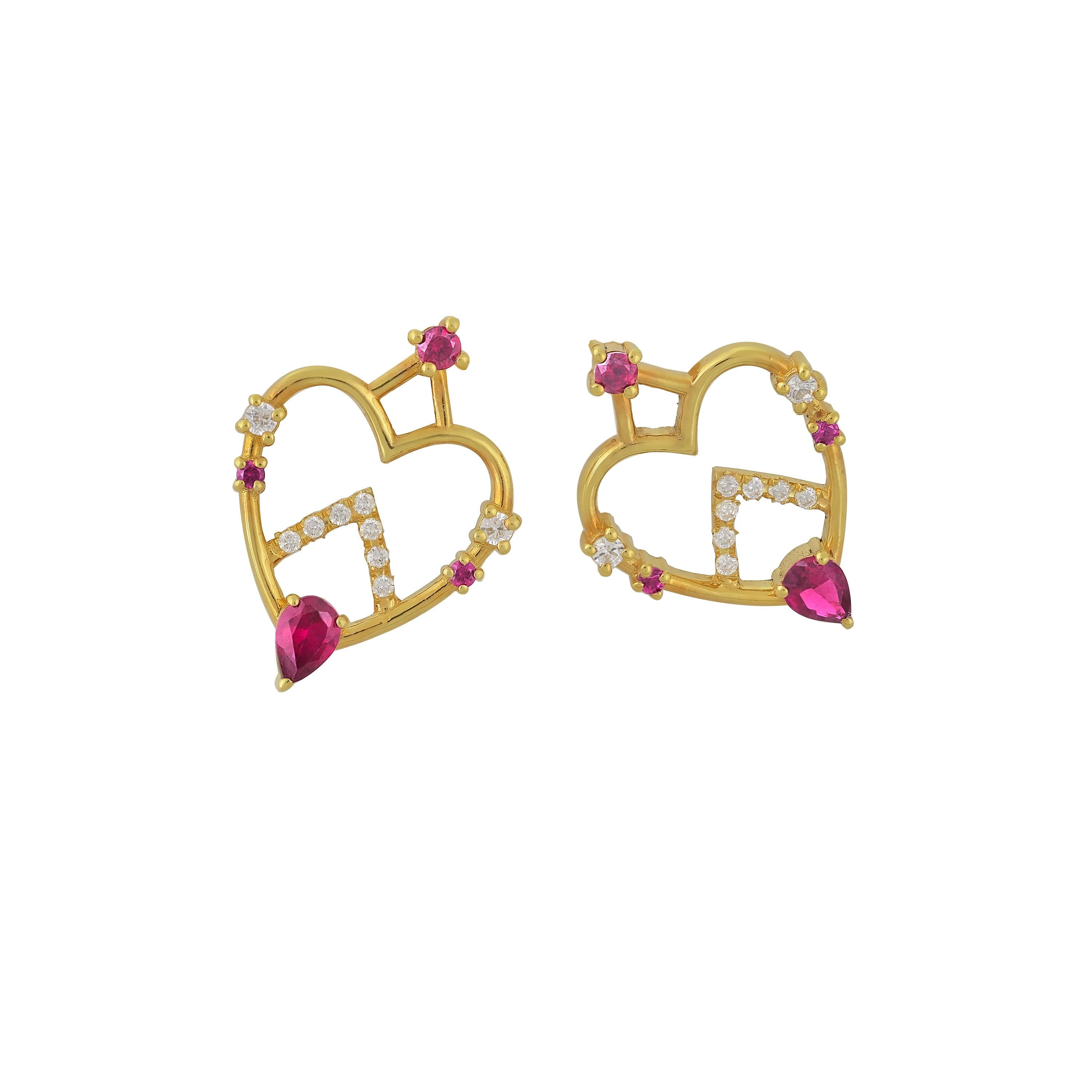 Designer: Alexia Gryllaki
Dimensions: L18x14mm
Weight: approximately 3.2g (pair)
Barcode: ING037E

The Interlocking Geometry earrings in 18 karat yellow gold with rubies approx. 0.58cts and round brilliant-cut diamonds approx. 0.13cts.

About the