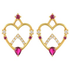 Ruby and Diamond Heart Shaped Stud Earrings in 18 Karat Gold