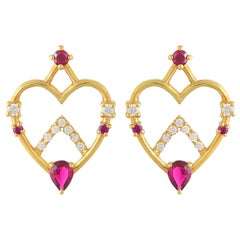 Ruby and Diamond Heart Shaped Stud Earrings in 18 Karat Gold