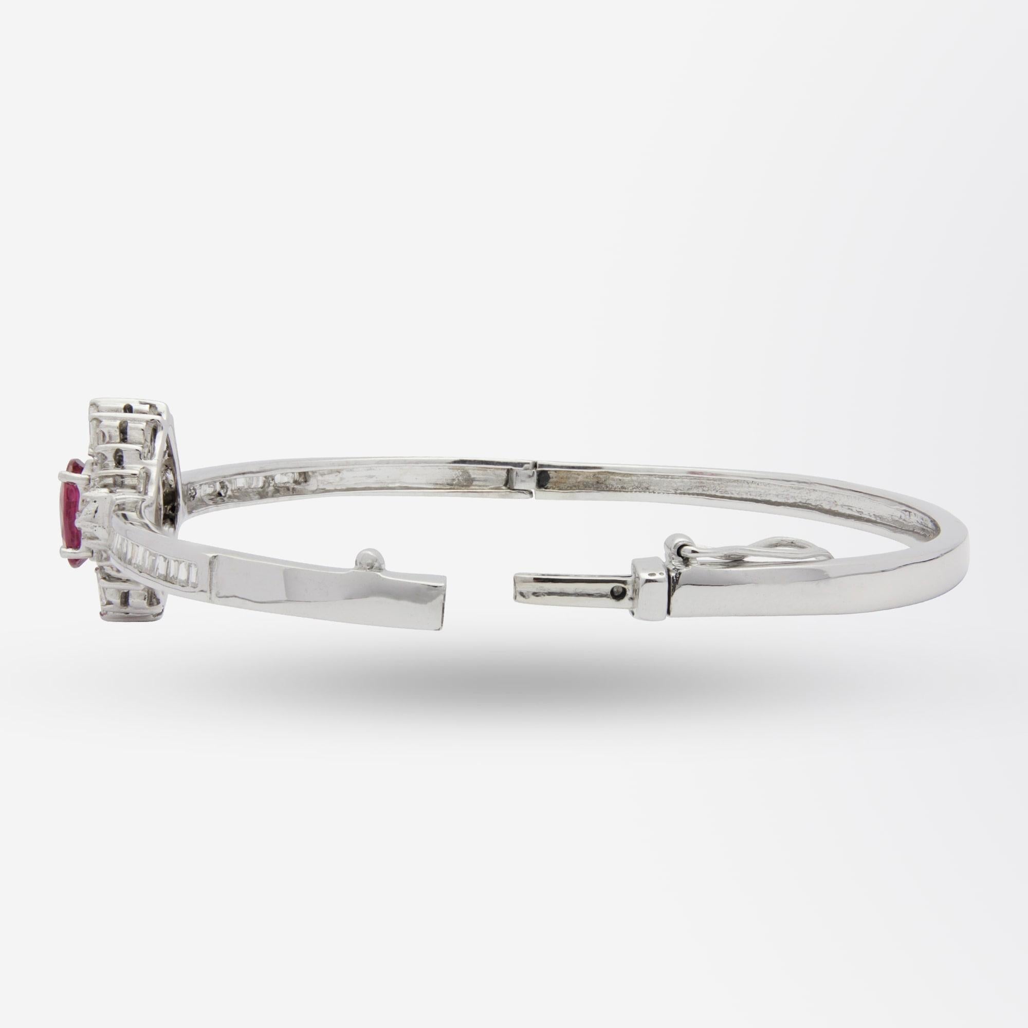 Ruby and Diamond Hinged Bangle in 14 Karat White Gold In Good Condition In Brisbane, QLD