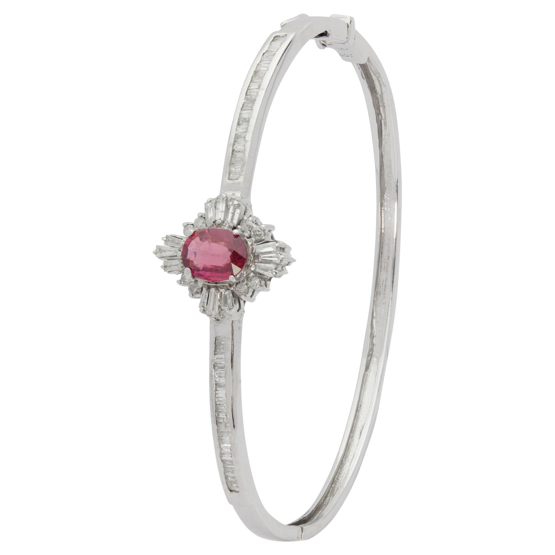 Ruby and Diamond Hinged Bangle in 14 Karat White Gold