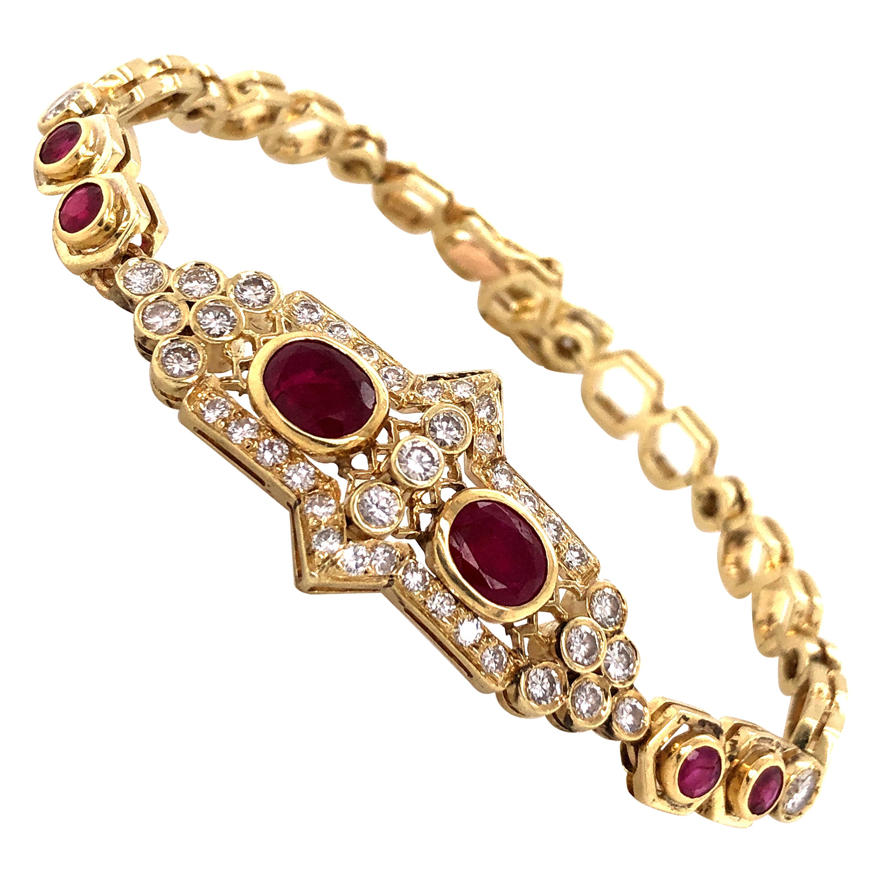 Ruby and Diamond Honeycomb Link 14 Karat Yellow Gold Bracelet
