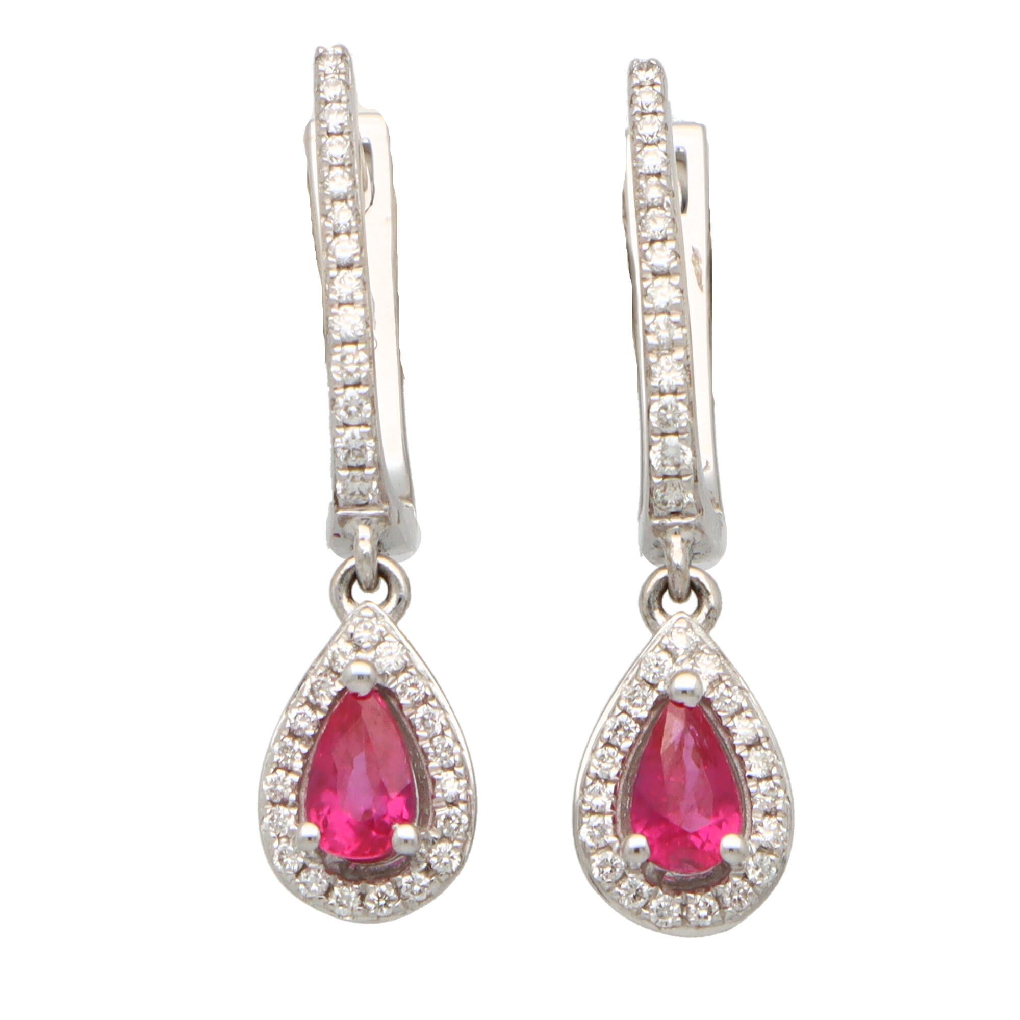 Ruby with Diamond Hoop Earrings Set in 18 Karat White Gold Settings For