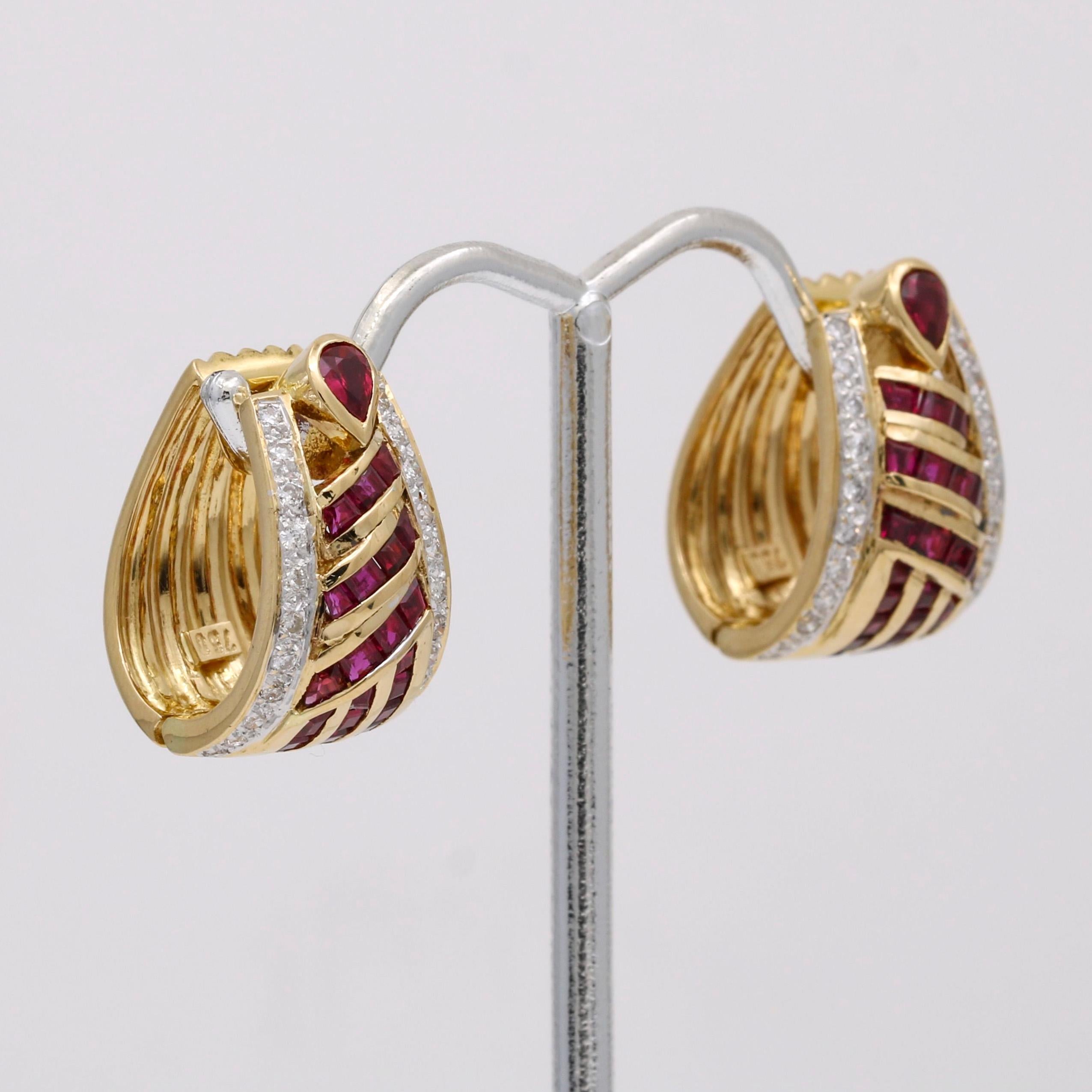 Retro Ruby and Diamond Hoop Earrings 18k Yellow Gold 1.75cttw For Sale