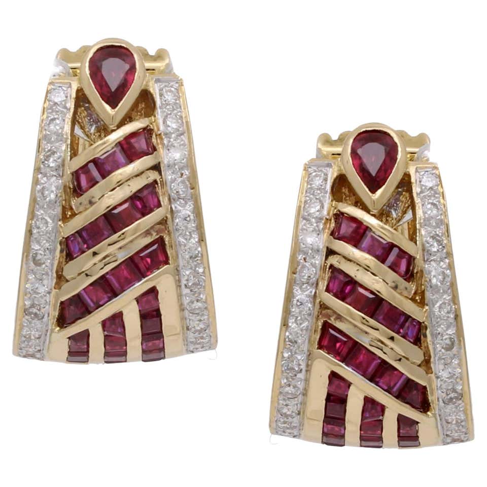 Diamond Ruby Gold Hoop Earrings at 1stDibs
