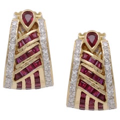 Retro Ruby and Diamond Hoop Earrings 18k Yellow Gold 1.75cttw