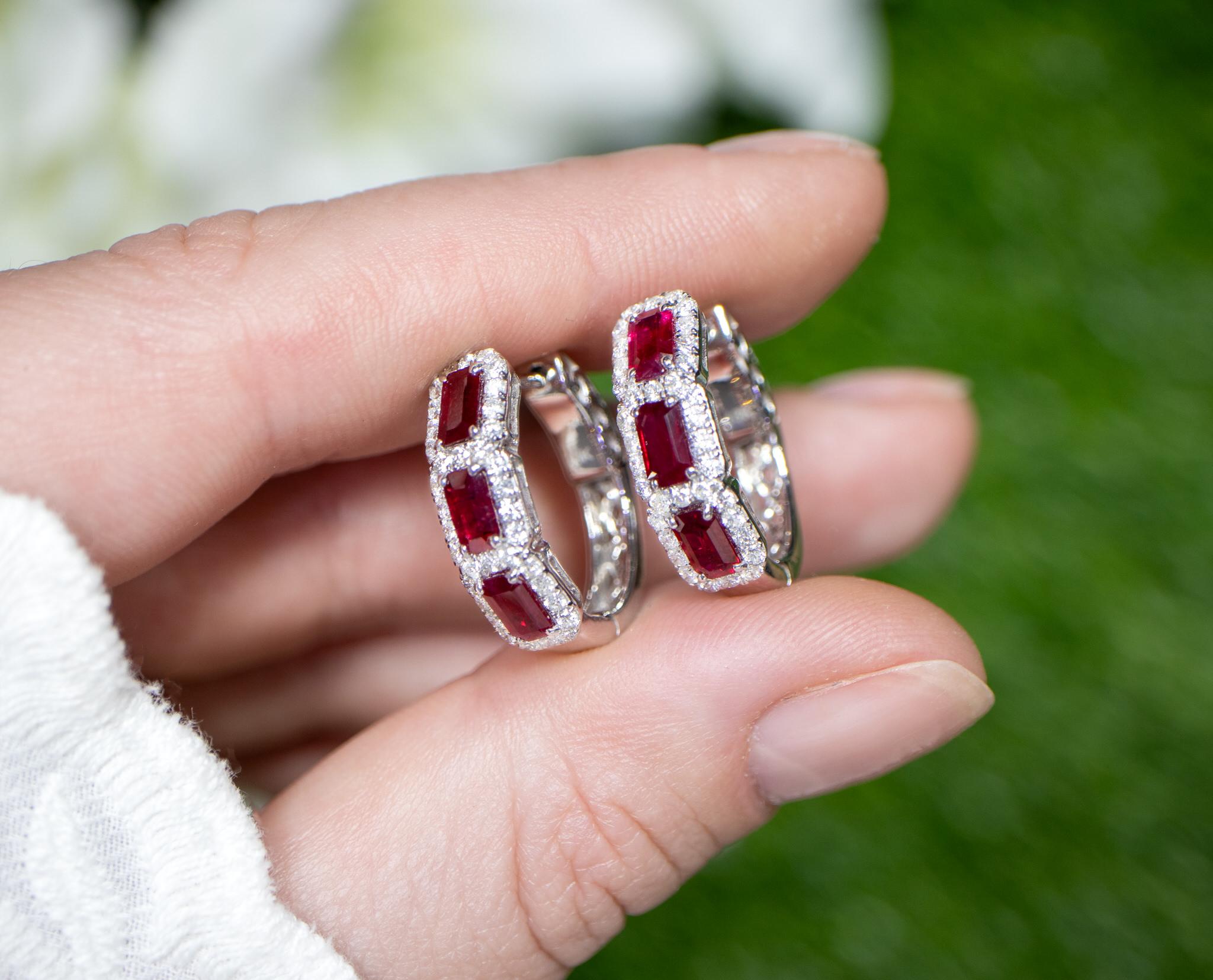 Octagon Cut Ruby and Diamond Hoop Earrings 2.34 Carats 18K Gold For Sale