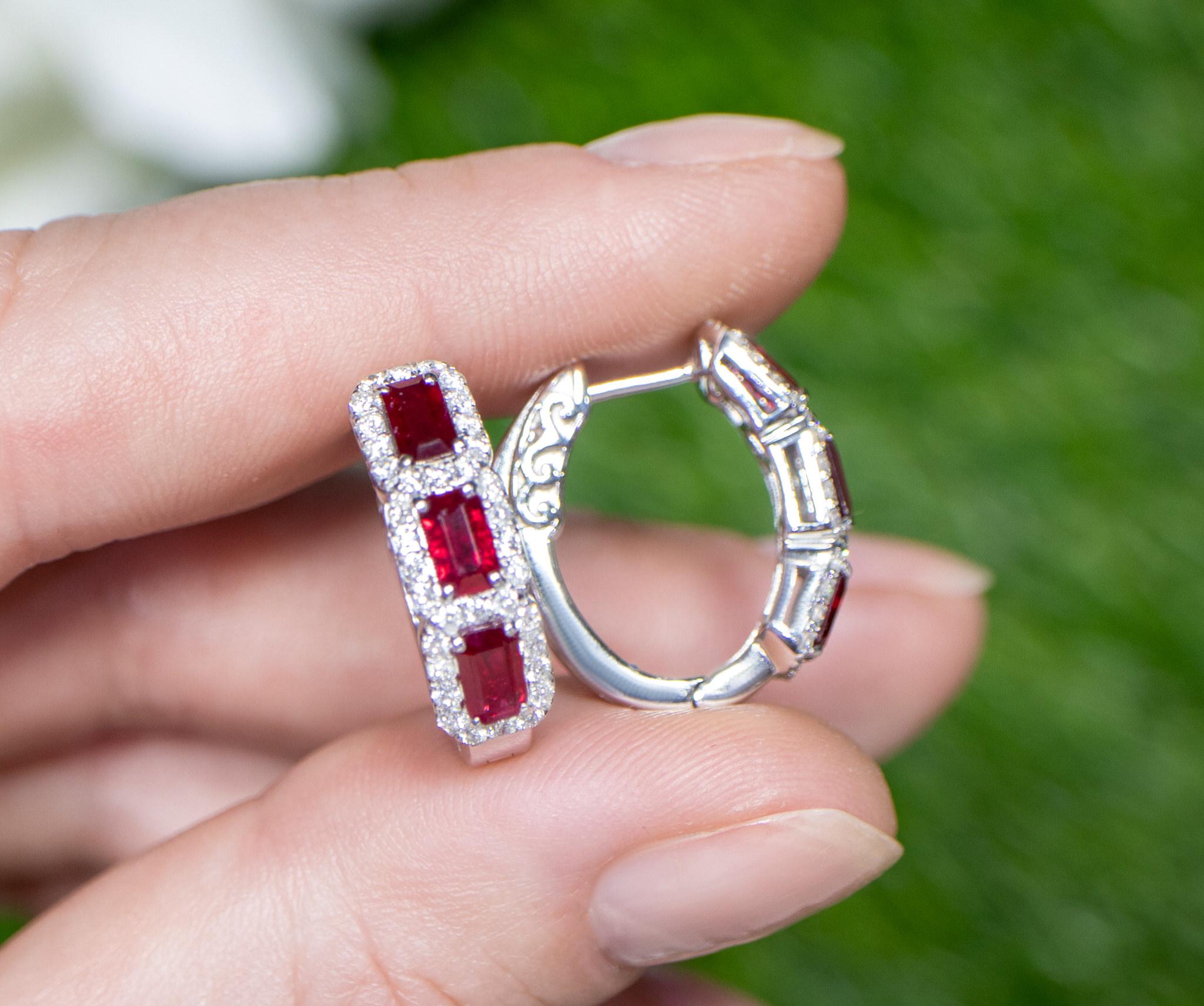 Ruby and Diamond Hoop Earrings 2.34 Carats 18K Gold In Excellent Condition For Sale In Laguna Niguel, CA
