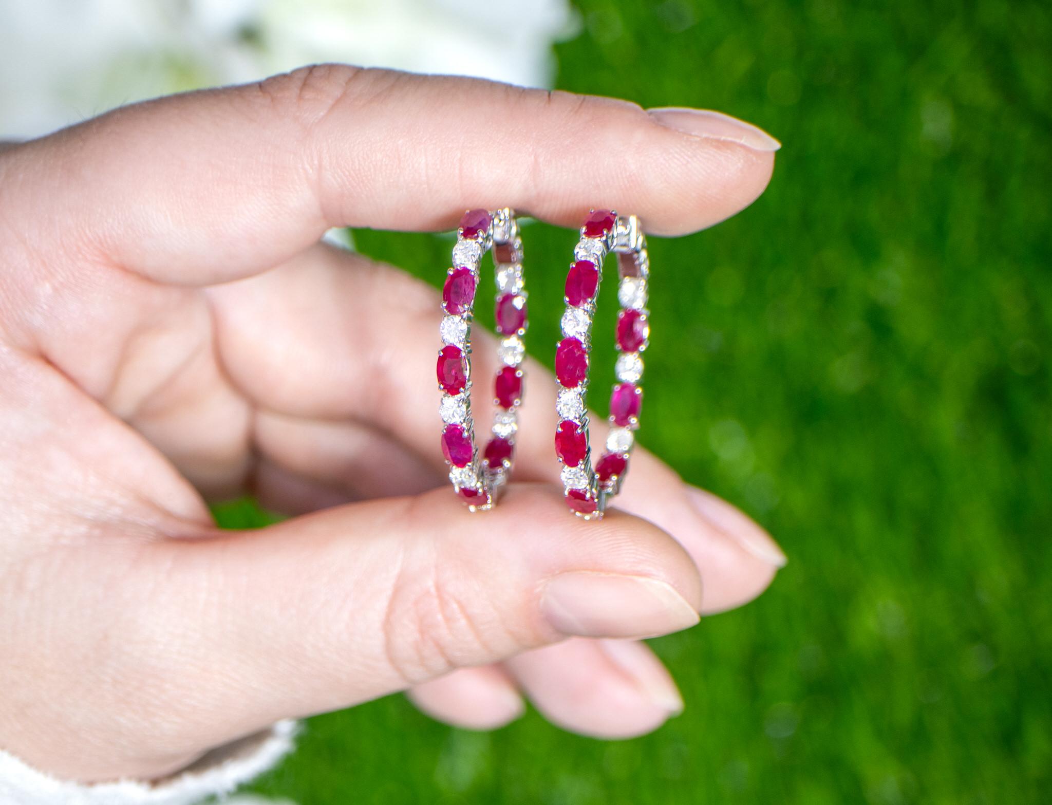 Contemporary Ruby and Diamond Hoop Earrings 5.71 Carats 18K Gold For Sale