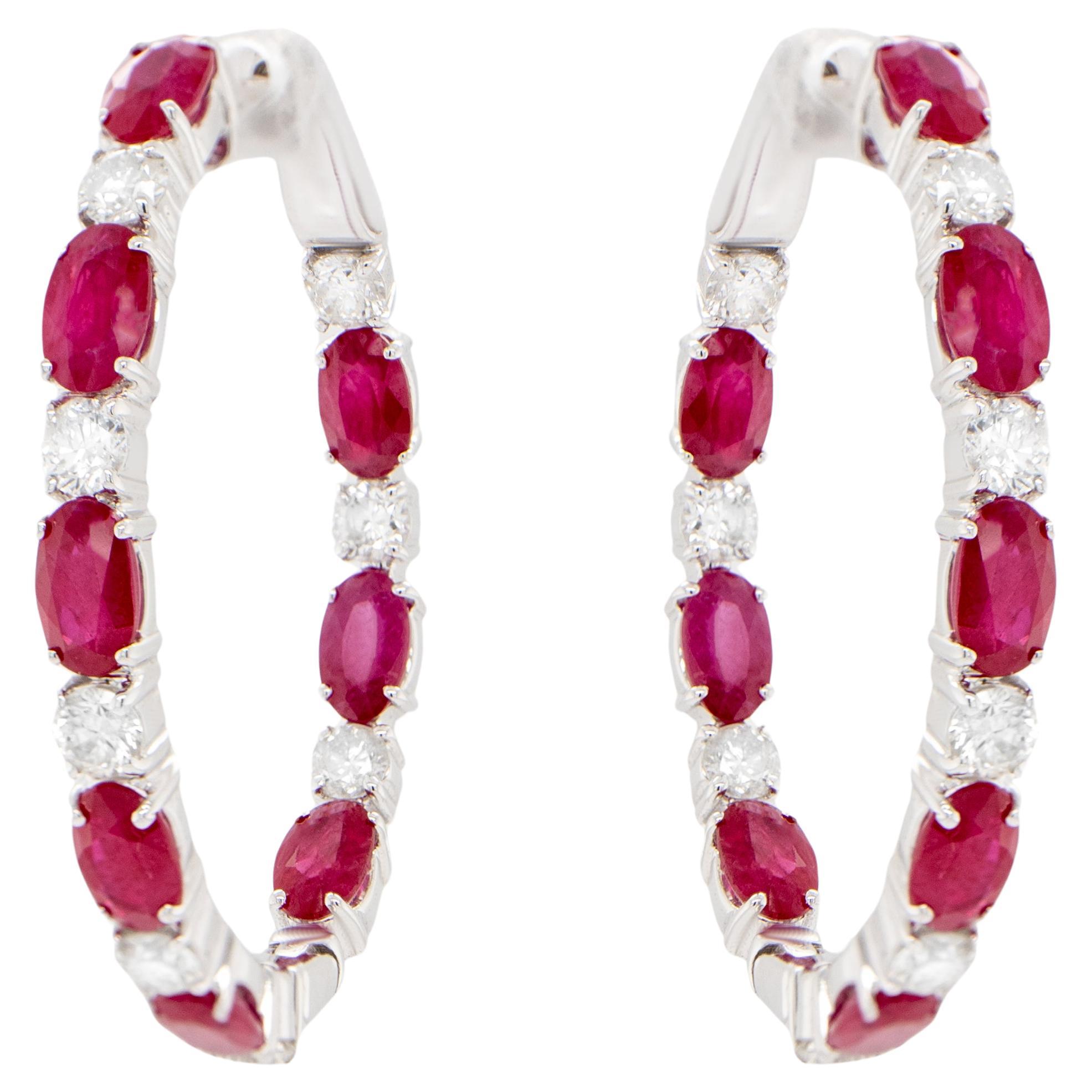 Ruby and Diamond Hoop Earrings 5.71 Carats 18K Gold For Sale