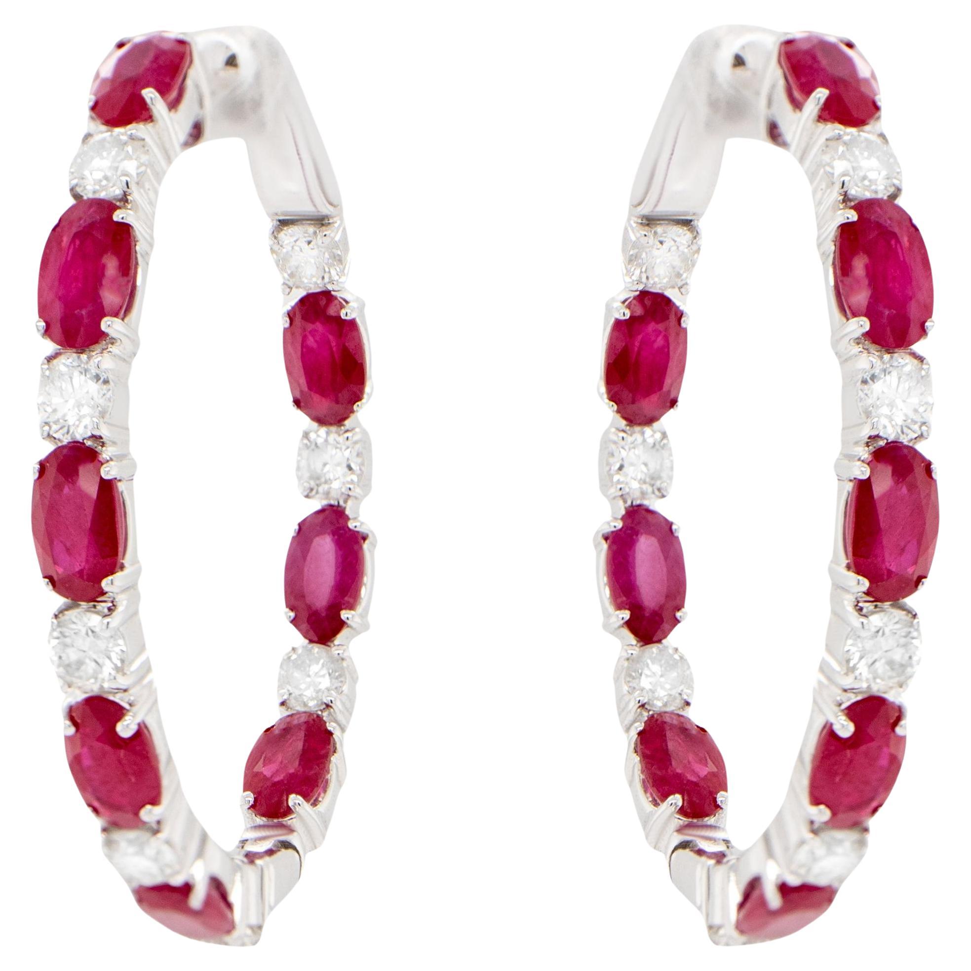 Ruby and Diamond Hoop Earrings 5.71 Carats 18K Gold For Sale