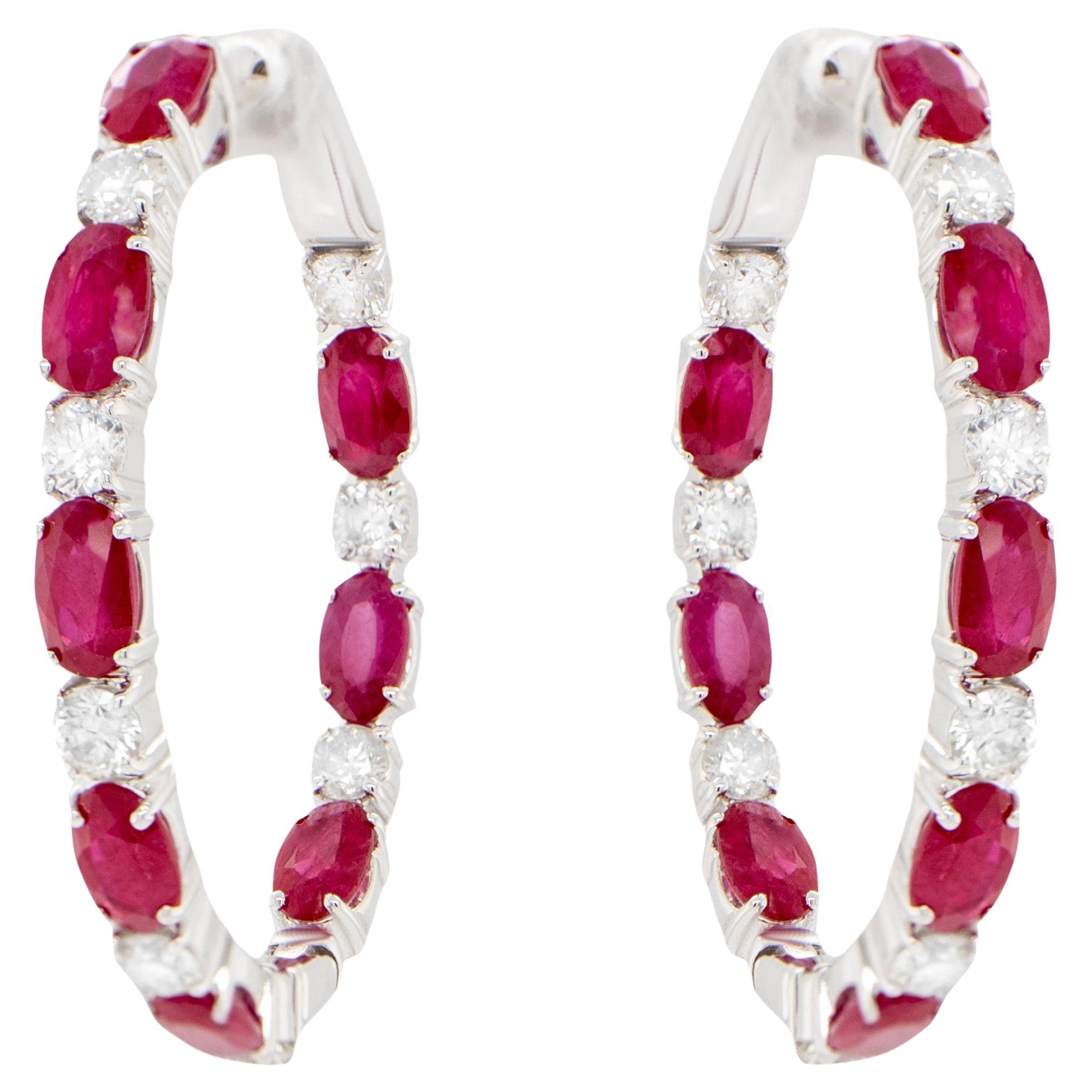 Ruby and Diamond Hoop Earrings 5.71 Carats 18K Gold For Sale