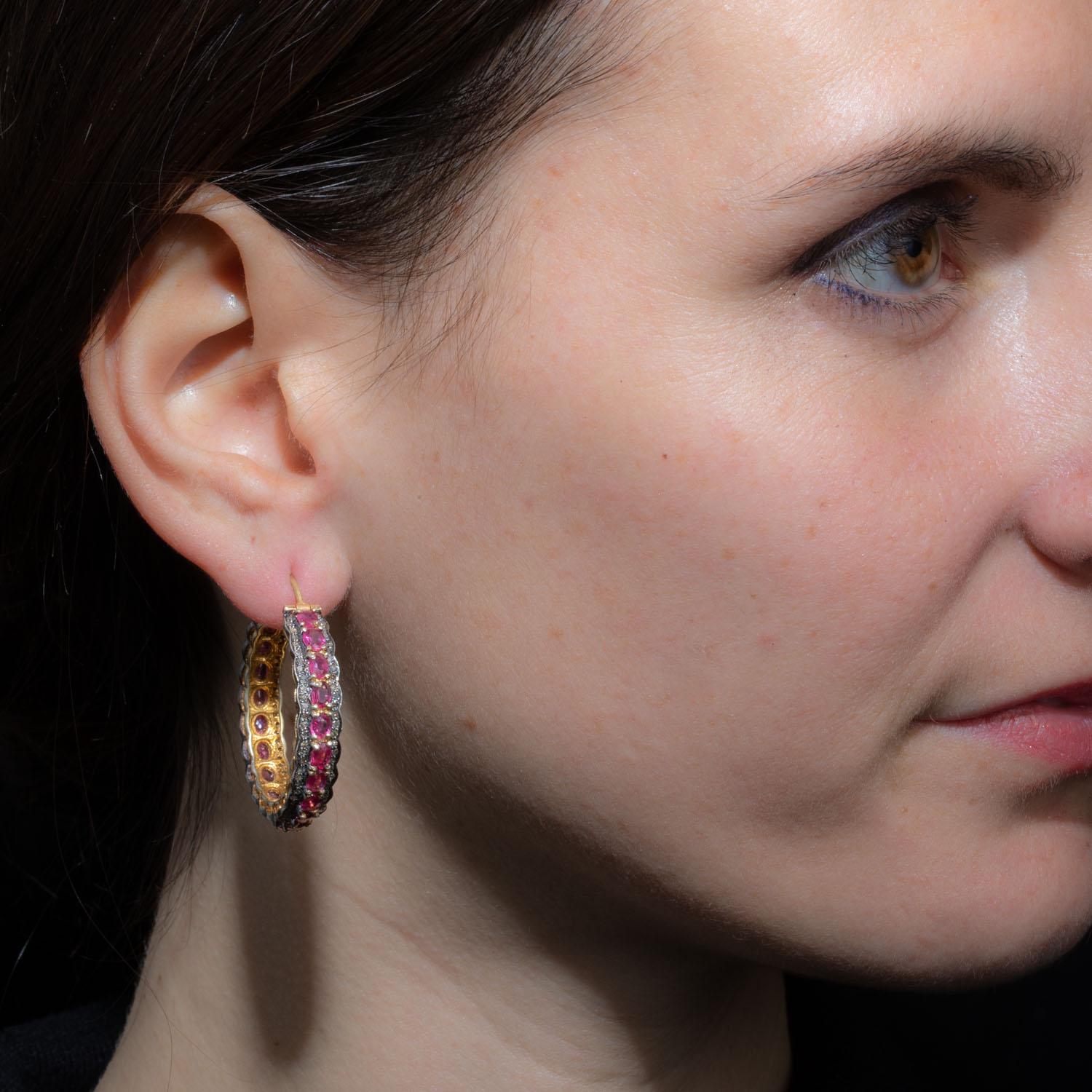 Ruby and Diamond Hoop Earrings In Excellent Condition In Nantucket, MA