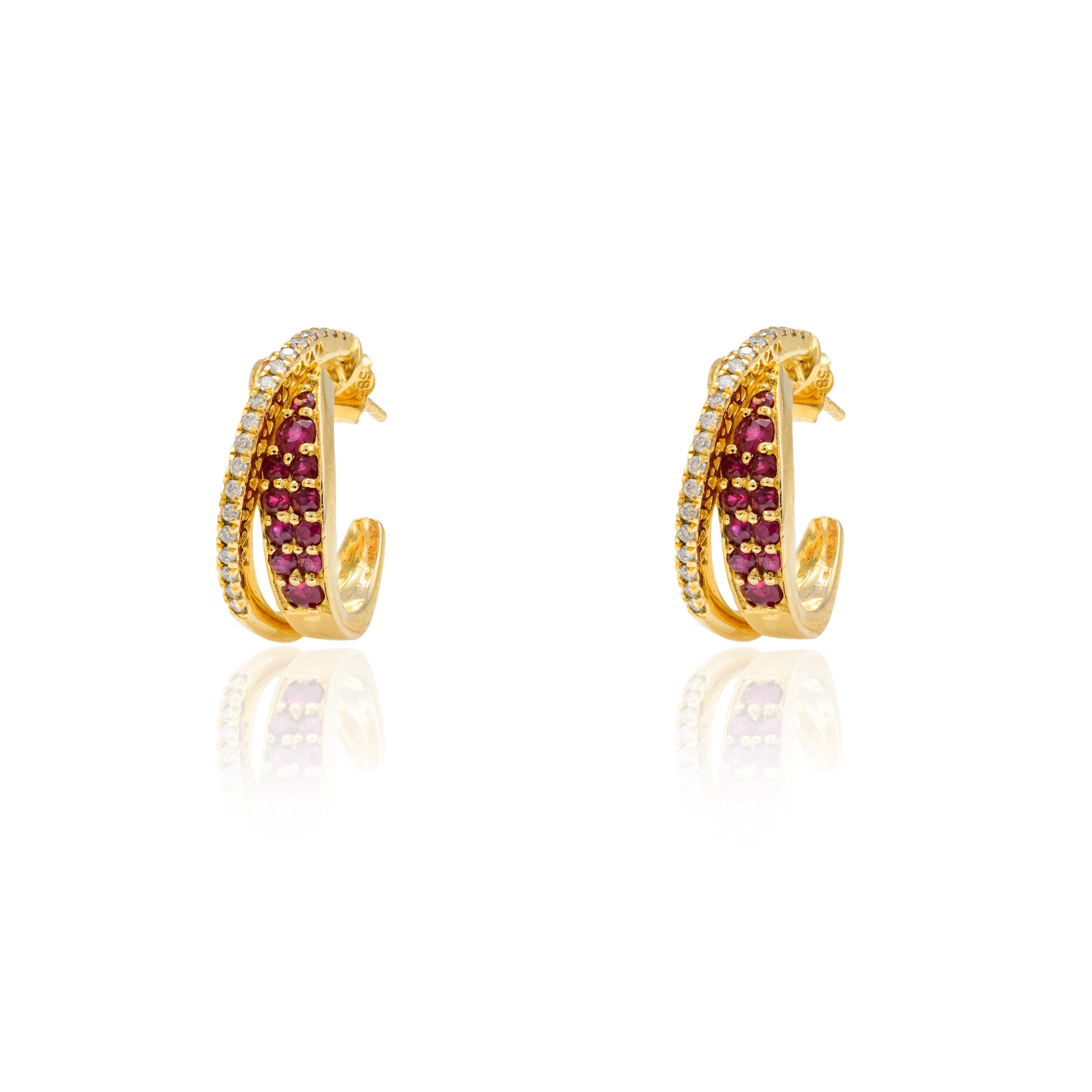Ruby and Diamond Hoop Earrings For Women 14k Solid Yellow Gold, Mom Gift In New Condition For Sale In Houston, TX