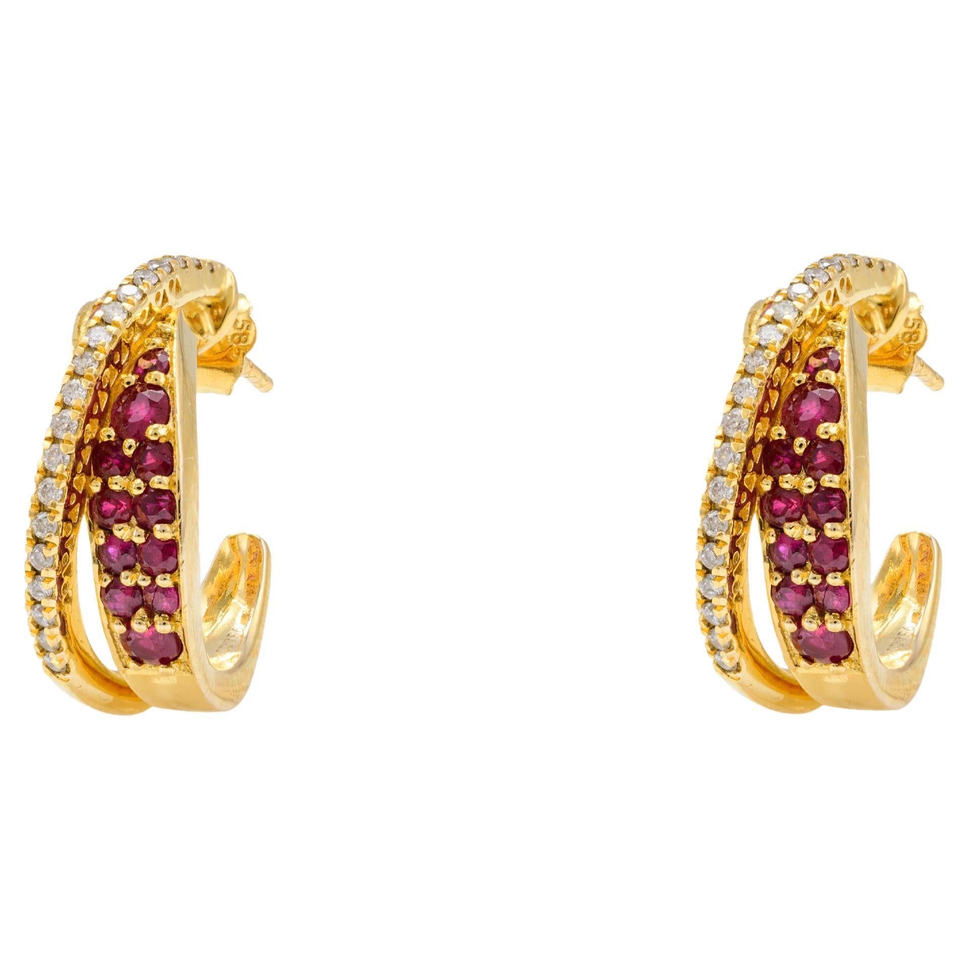 Ruby and Diamond Hoop Earrings For Women 14k Solid Yellow Gold, Christmas Gift For Sale