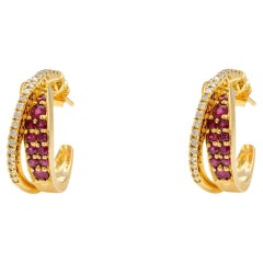 Ruby and Diamond Hoop Earrings For Women 14k Solid Yellow Gold, Christmas Gift