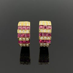 Ruby and Diamond Hoop Earrings in 18K Yellow Gold