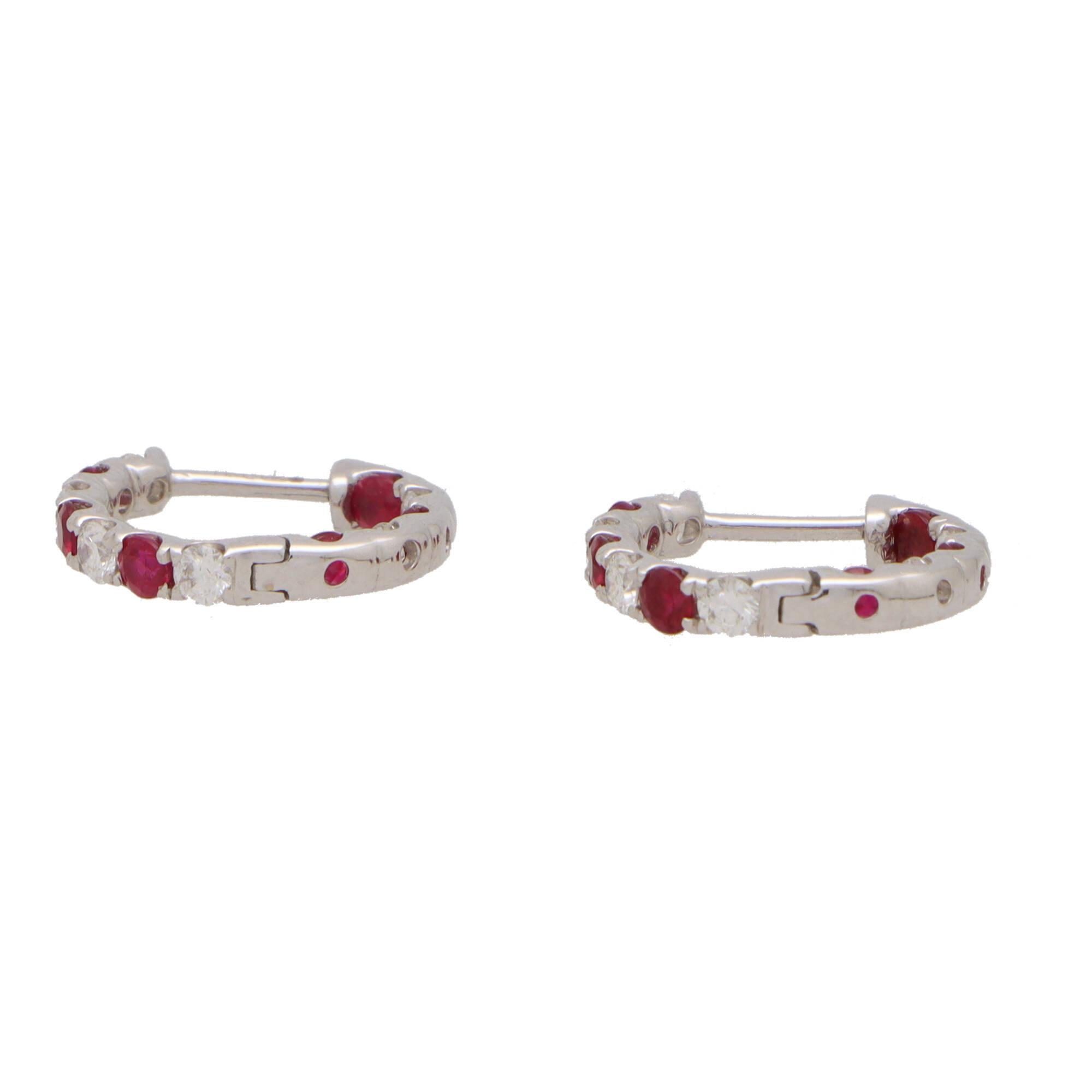 Round Cut  Ruby and Diamond Hoop Earrings Set in 18k White Gold For Sale