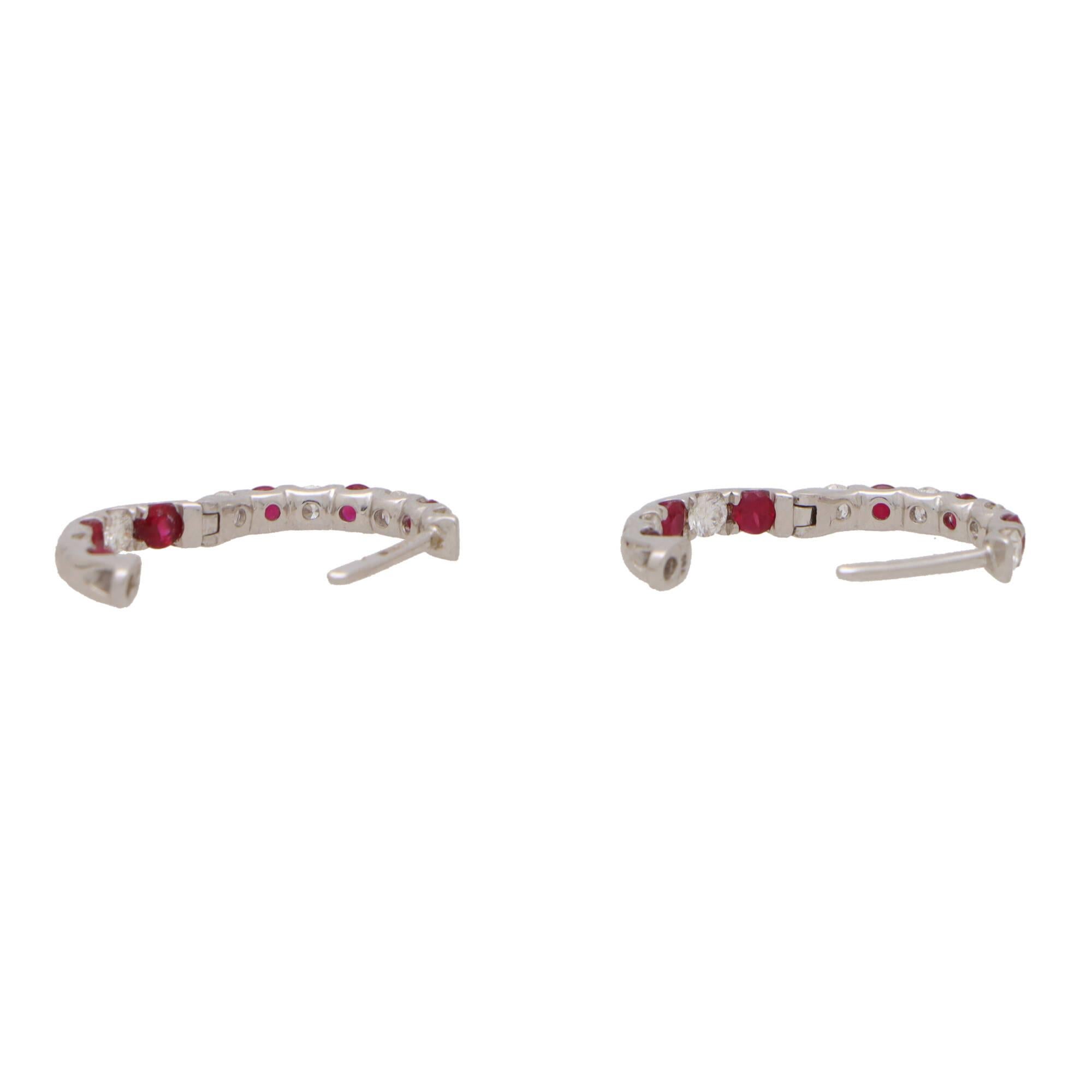  Ruby and Diamond Hoop Earrings Set in 18k White Gold In Excellent Condition For Sale In London, GB