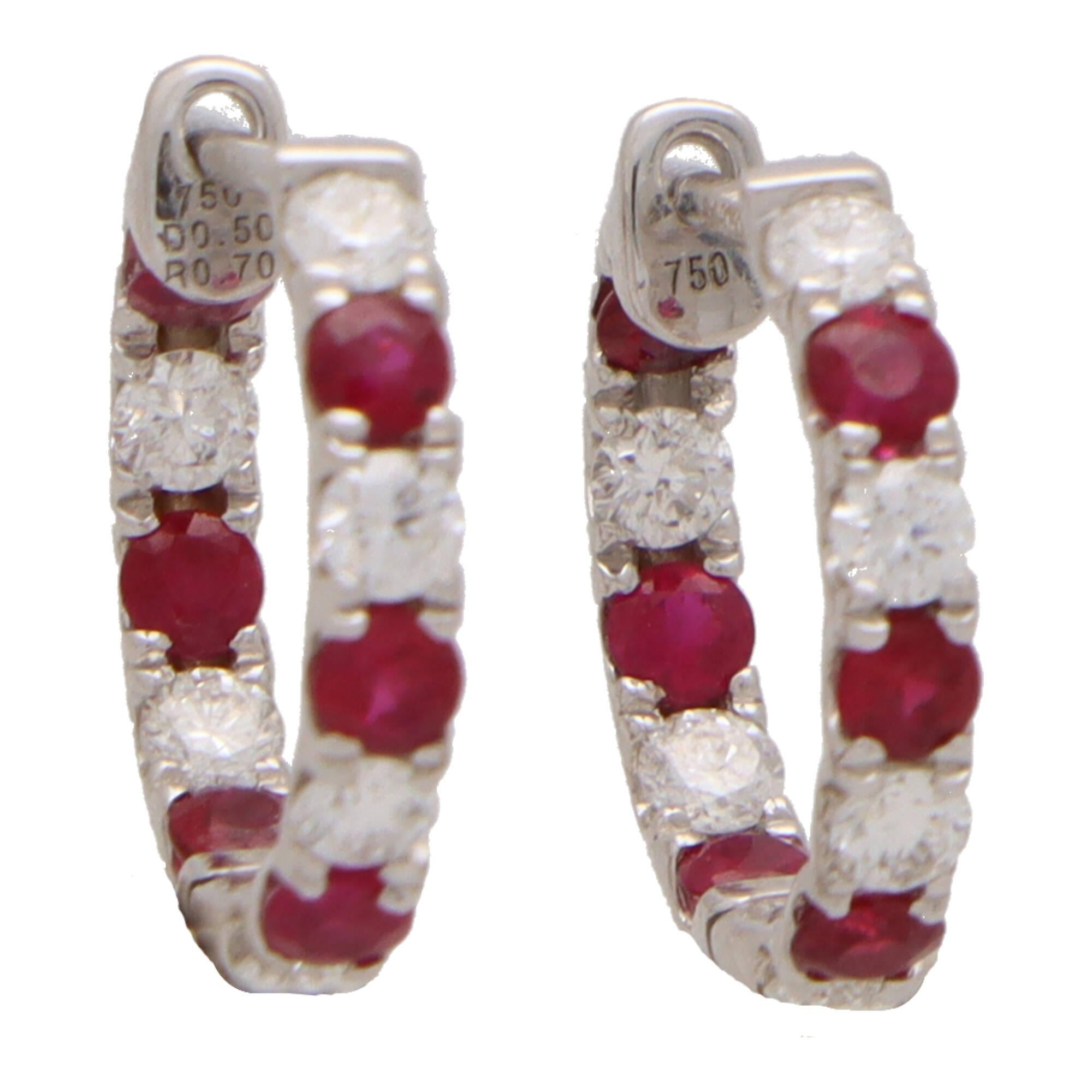 Women's or Men's  Ruby and Diamond Hoop Earrings Set in 18k White Gold For Sale
