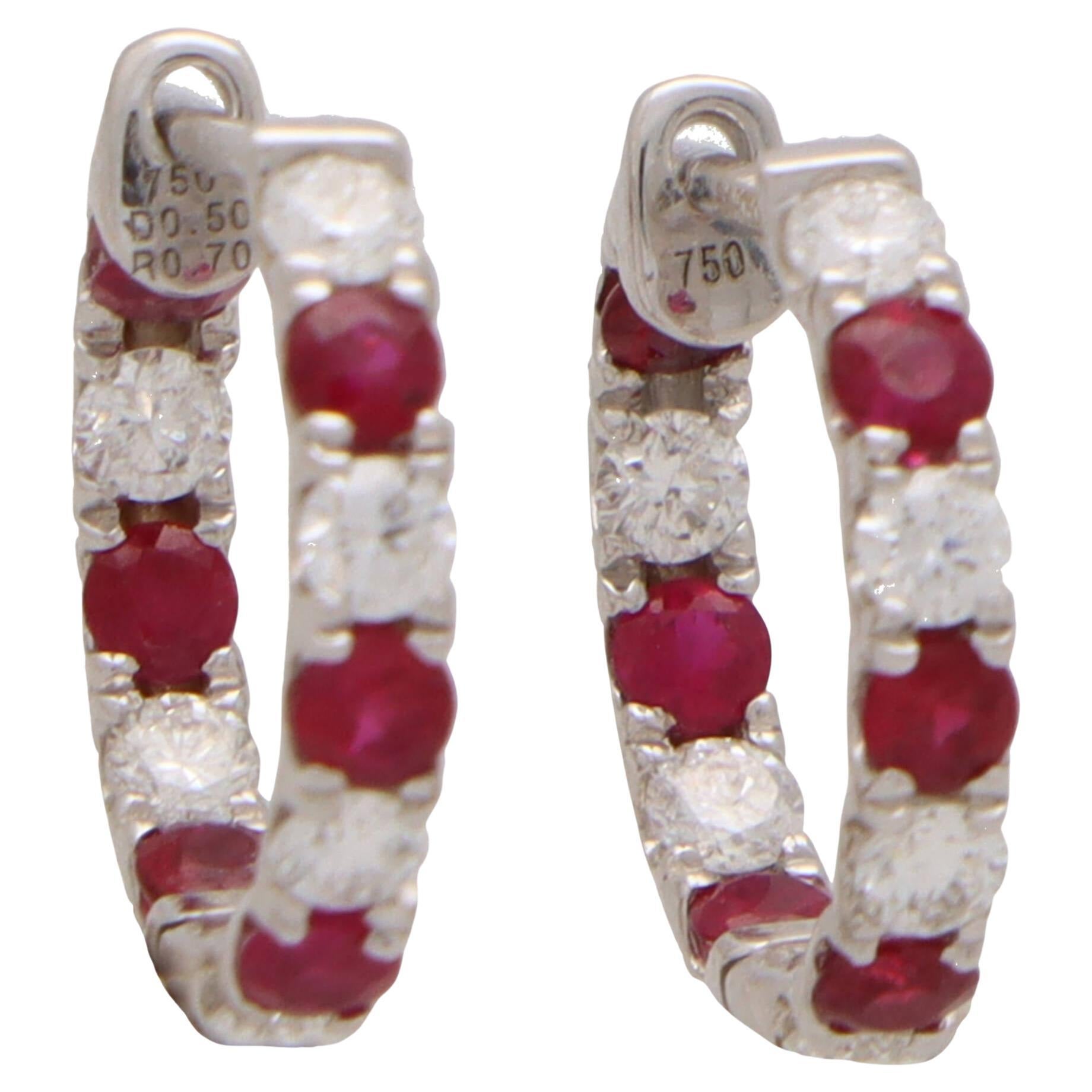  Ruby and Diamond Hoop Earrings Set in 18k White Gold For Sale