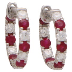  Ruby and Diamond Hoop Earrings Set in 18k White Gold