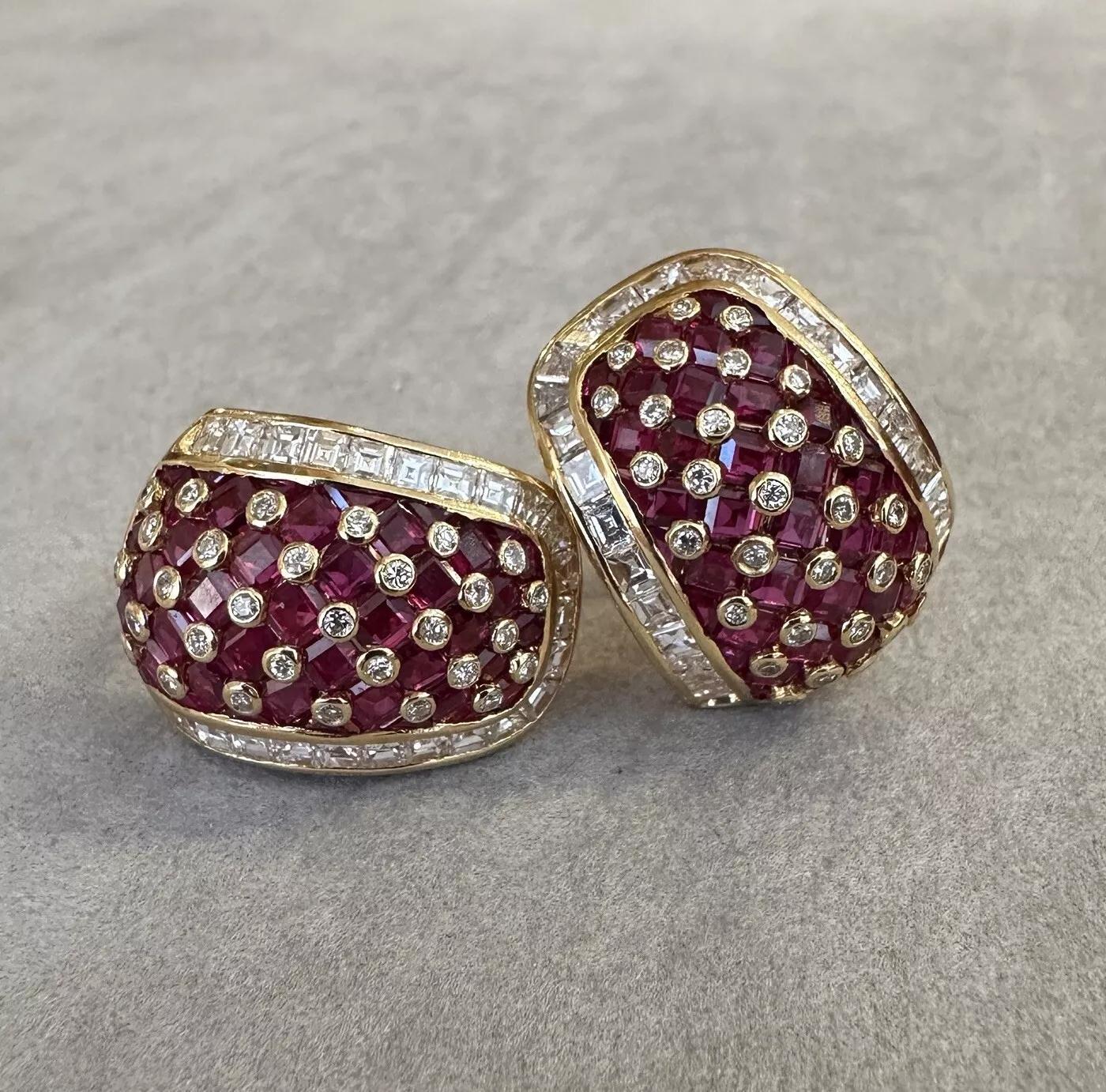Ruby and Diamond Huggie Earrings in 18k Yellow Gold 

Ruby and Diamond Earrings feature square faceted Red Rubies accented with Round Brilliant cut Diamonds in between and framed with Square cut Diamonds, all set in 18k Yellow Gold.

Total ruby
