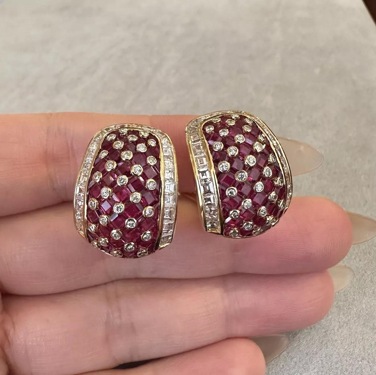 Square Cut Ruby and Diamond Huggie Earrings in 18k Yellow Gold For Sale