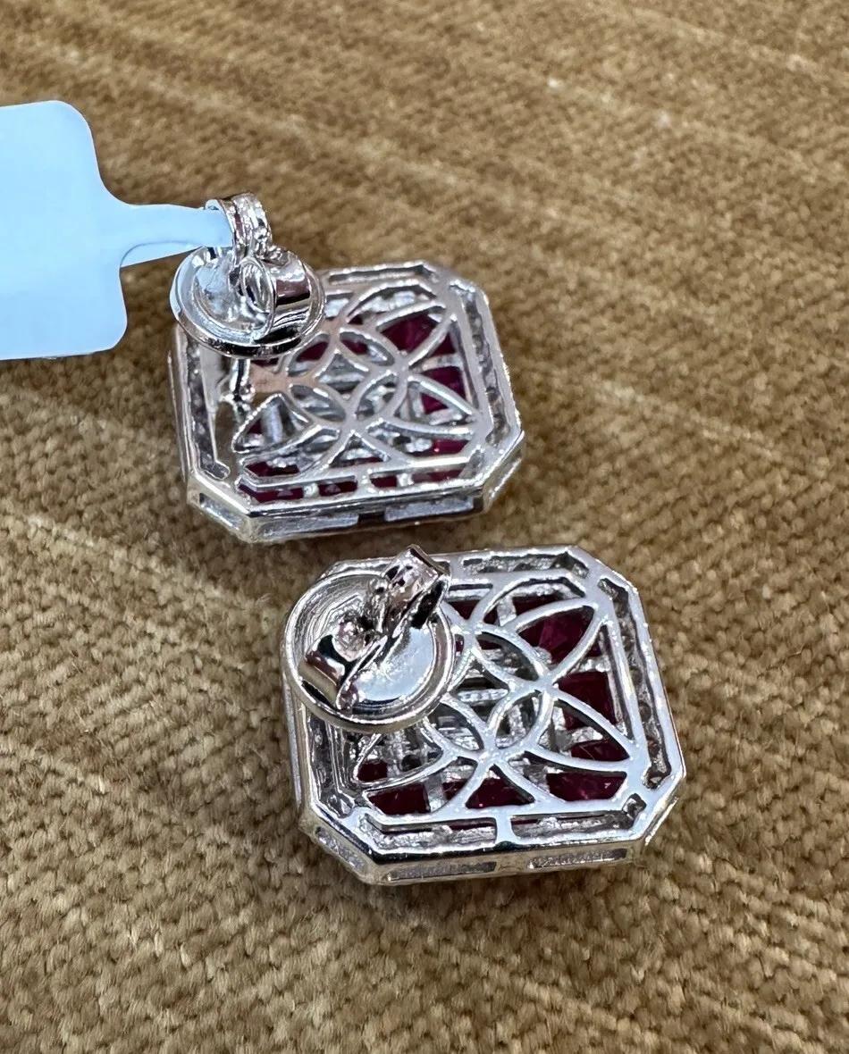 Baguette Cut Ruby and Diamond Illusion set Earrings in 18k White Gold For Sale