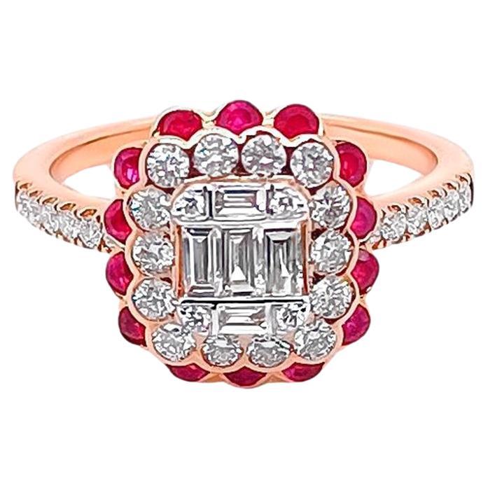 Ruby And Diamond Illusion Set Ring 1.51 Carats 18K Yellow Gold For Sale